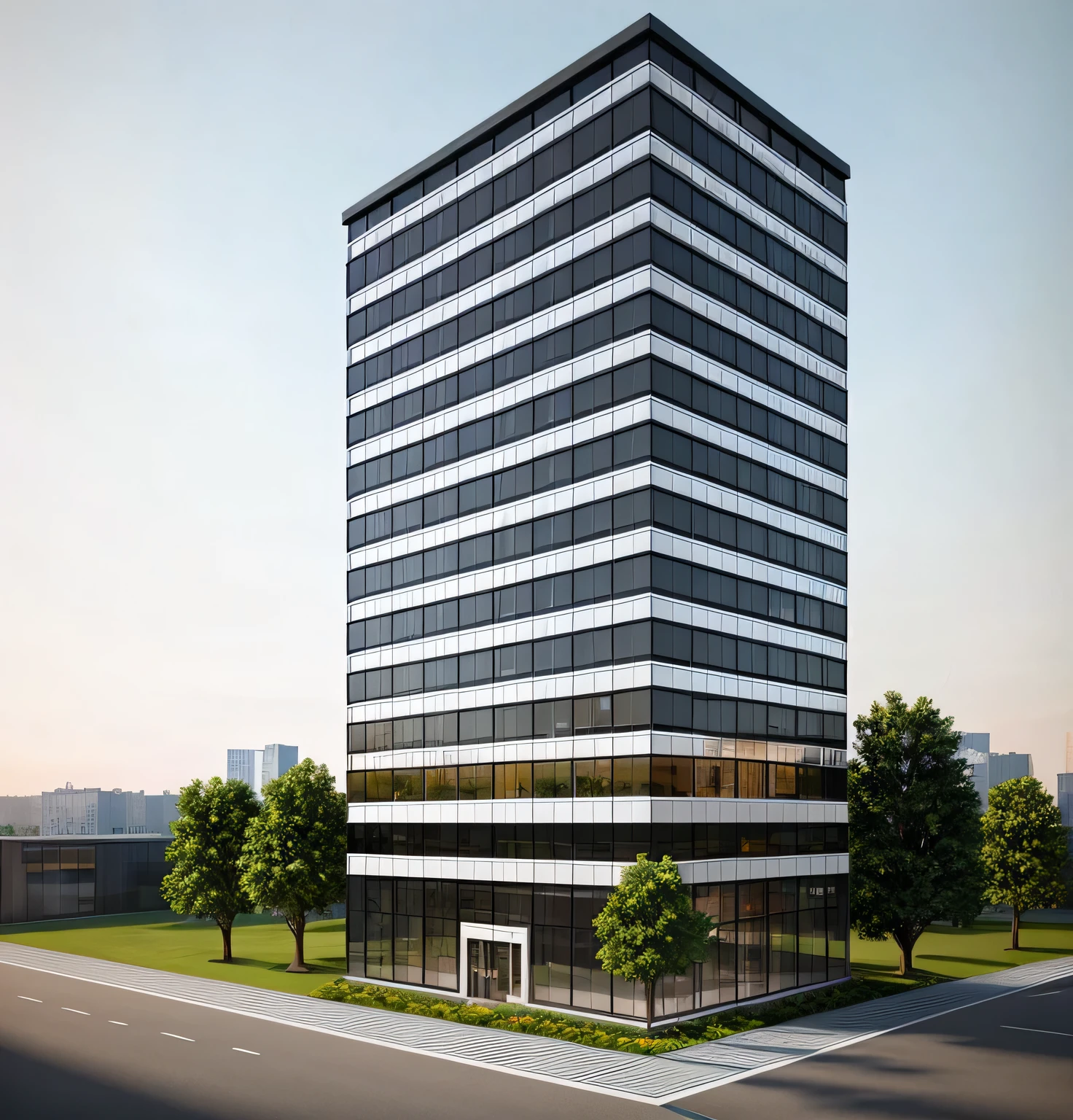 PLATFORM KTHOUSE, (masterpiece, best quality:1.2), rendering of a modern office building ,hotel, office building ,city landscape, white wall, black glass window