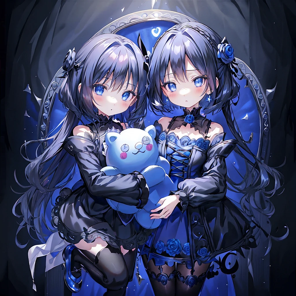 Attractive face、Chibi、royal blue background、Black clothes、Long sleeves with flared cuffs、Shoulders are exposed、One piece flare skirt、Rabbit with stuffed toy、Black and royal blue palette、Gothic Shoes、Positive、Black Rose、🌙、Perfect Anatomy、heart、🌸🌸、Floral ornaments、Absurd、Mysterious、