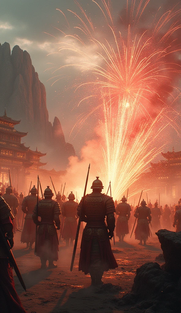 combat scene、Chinese big breasts、ancientry、three kingdom、ember、100 people、Faraway view、intense fighting、high-detail、masuter piece、NSFW