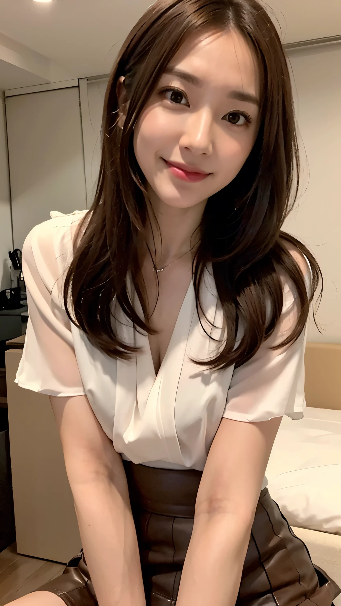top-quality, ​asterpiece, 8K, Super high resolution, (Photorealsitic:1.4), 1girl in, beautiful countenance, symmetrical eye, Skinny Japanese lady, 30 years old, Small breasts, thin waist, bunny girl uniform, Look at viewers, (Inside the hotel:1.2), front-facing view, Shoulder, Absolute area(1.3), A smile,