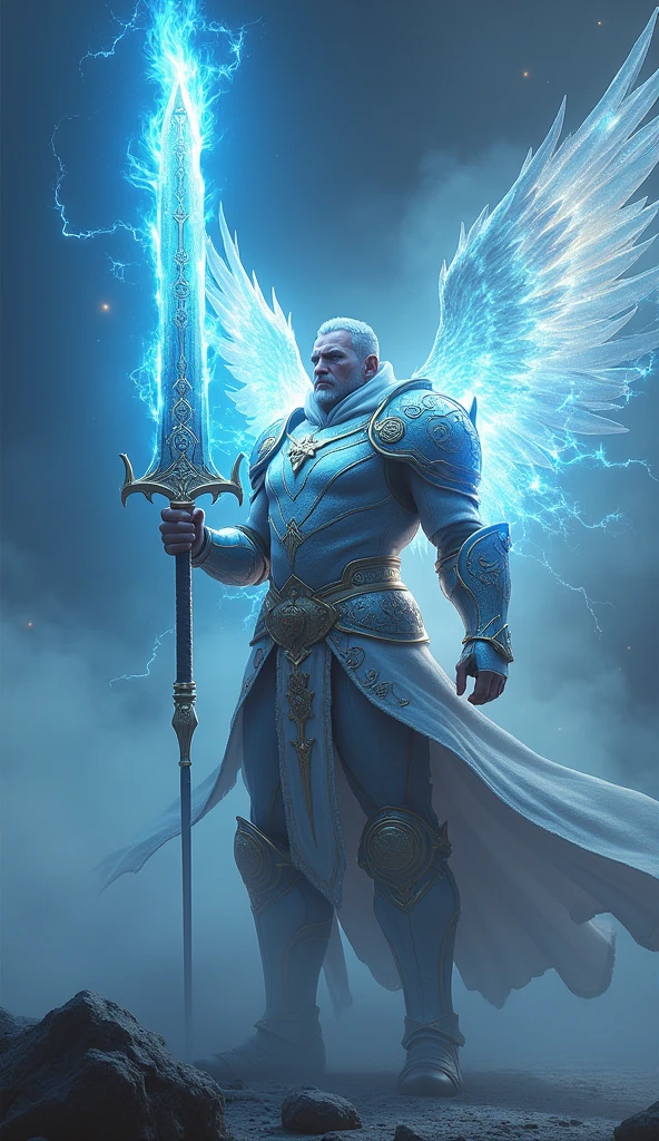 Create a highly detailed image of a muscular warrior with clearly defined arm muscles and six-pack abs. He is wearing crystal armor, reminiscent of the armor from the Saint Seiya series, but with a shimmering, translucent crystal texture. The warrior has large, majestic wings, flying in outer space with stars and galaxies in the background. He holds a glowing sword in one hand, pointing directly toward the viewer, as if in the middle of an attack or challenge. The expression on his face is deter