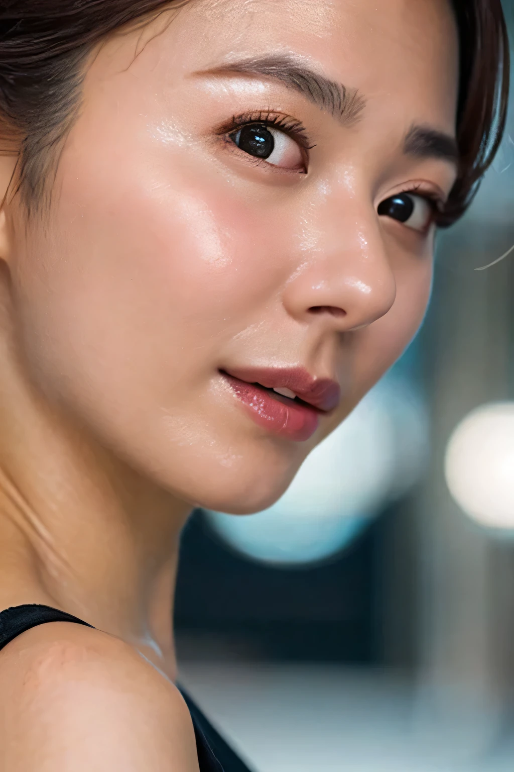 Beautiful Japanese actresses,,1 girl,Tabletop,,Award-winning photography, very detailed, Keep your eyes focused, Nose and mouth,Face Focus, extreme close up of face、Woman with open mouth and closed eyes, Black camisole、,Black-haired、Symmetrical face,Realistic nostrils、Angle from below,White background、Sweaty skin、Lighting that emphasizes glowing skin caused by sweat、((Nose hook))Sweaty, Shiny skin、Glowing Skin、Sweaty hair、sunlight、(Brow wrinkles)((Frowning))((Thin eyebrows))Oily skin、輝くGlowing Skin、Double Eyelid、Wet and shiny tongue、Hair tied up、updo、((Face close-up))Detailed, beautiful and large double eyelid eyes,very detailedな鼻,(Surreal)Surreal detail Shiny skin(detailed, Beautiful and delicate eyes, Double eyelids and long eyelashes)