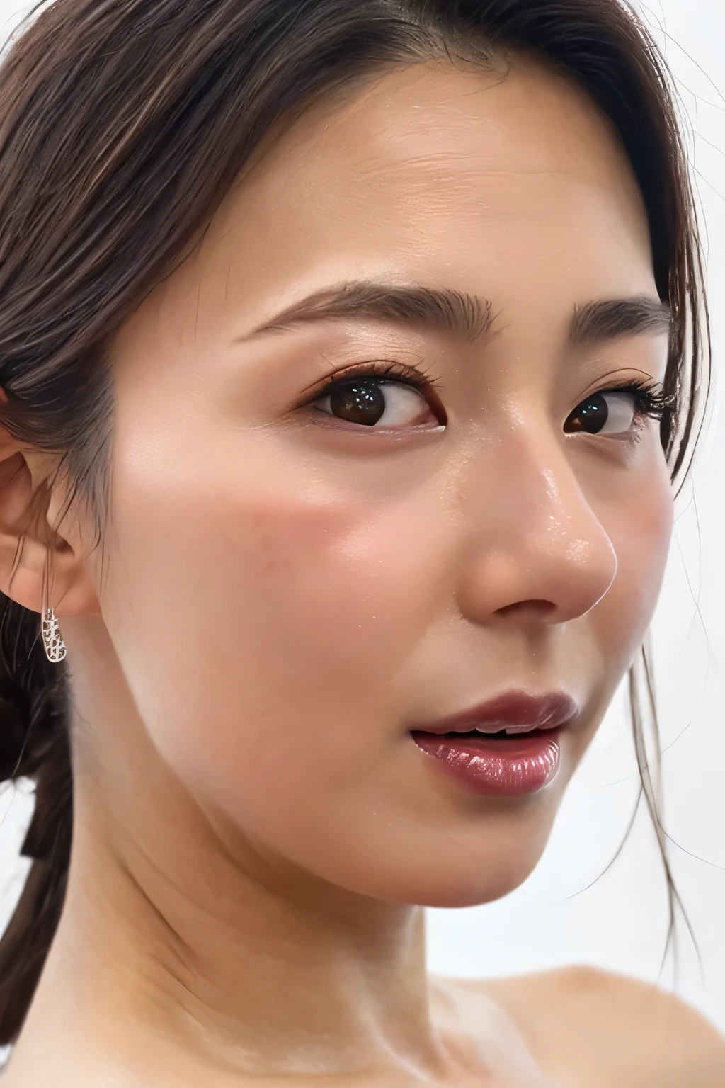 Beautiful Japanese actresses,,1 girl,Tabletop,,Award-winning photography, very detailed, Keep your eyes focused, Nose and mouth,Face Focus, extreme close up of face、Woman with open mouth and closed eyes, Black camisole、,Black-haired、Symmetrical face,Realistic nostrils、Angle from below,White background、Sweaty skin、Lighting that emphasizes glowing skin caused by sweat、((Nose hook))Sweaty, Shiny skin、Glowing Skin、Sweaty hair、sunlight、(Brow wrinkles)((Frowning))((Thin eyebrows))Oily skin、輝くGlowing Skin、Double Eyelid、Wet and shiny tongue、Hair tied up、updo、((Face close-up))Detailed, beautiful and large double eyelid eyes,very detailedな鼻,(Surreal)Surreal detail Shiny skin(detailed, Beautiful and delicate eyes, Double eyelids and long eyelashes)