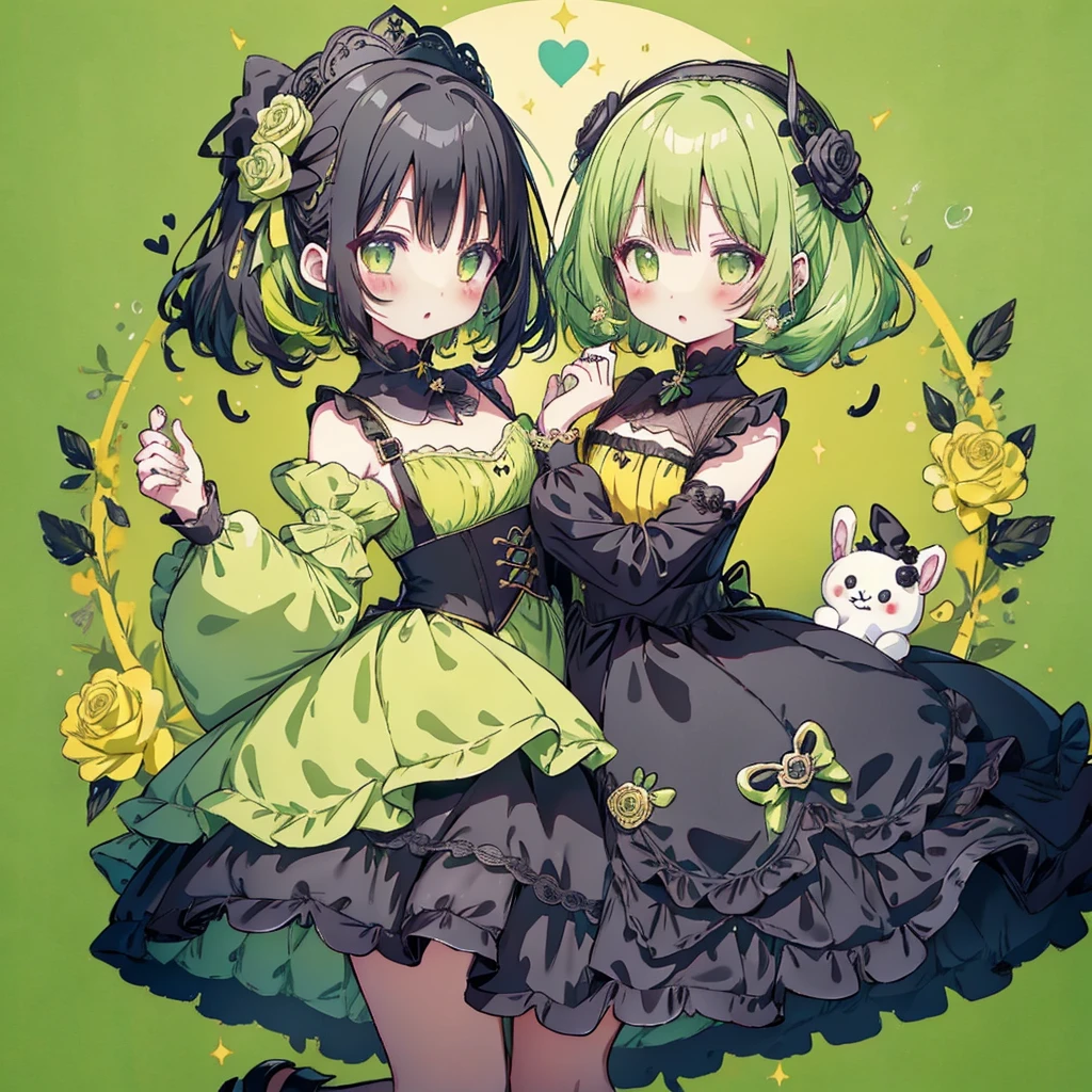 Attractive face、Chibi、Lime Yellow Background、Black clothes、Long sleeves with flared cuffs、Shoulders are exposed、One piece flare skirt、Rabbit with stuffed toy、Black and lime yellow palette、Gothic Shoes、Positive、Black Rose、🌙、Perfect Anatomy、heart、🌸🌸、Floral ornaments、Absurd、Mysterious、