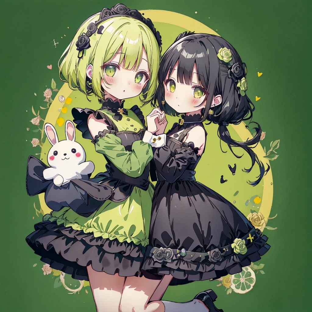 Attractive face、Chibi、Lime Yellow Background、Black clothes、Long sleeves with flared cuffs、Shoulders are exposed、One piece flare skirt、Rabbit with stuffed toy、Black and lime yellow palette、Gothic Shoes、Positive、Black Rose、🌙、Perfect Anatomy、heart、🌸🌸、Floral ornaments、Absurd、Mysterious、