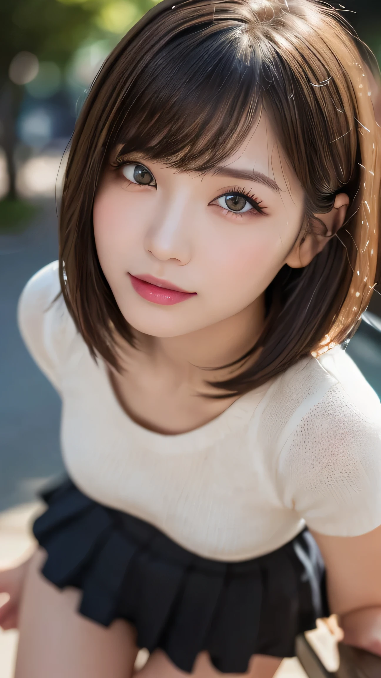 (Highest quality, masterpiece:1.3, Ultra-high resolution), (Very detailed), (Realistic:1.4, RAW shooting), Very detailed,High resolution 16k, Human skin close-up, The skin texture is natural, It must be detailed enough to be easily identifiable, Skin should be healthy and even-toned, Use natural light and colour, ((Pink open neck shirt:1.4, Hunchback, Exposed breasts)), ((the body is slim)), girl, 18-year-old, cute, Straight Long Hair, Big Breasts, smile, Turn your body forward, (View from the front:1.1), Looking into the camera, focused on the chest, Light brown hair, ((Black choker)), Very long and bushy eyelashes, blue eyes, bangs, ((Food on a tray)), Big Breasts, Red lips, ,Happy expression, smile, Mountain、blue sky, camp site, summer