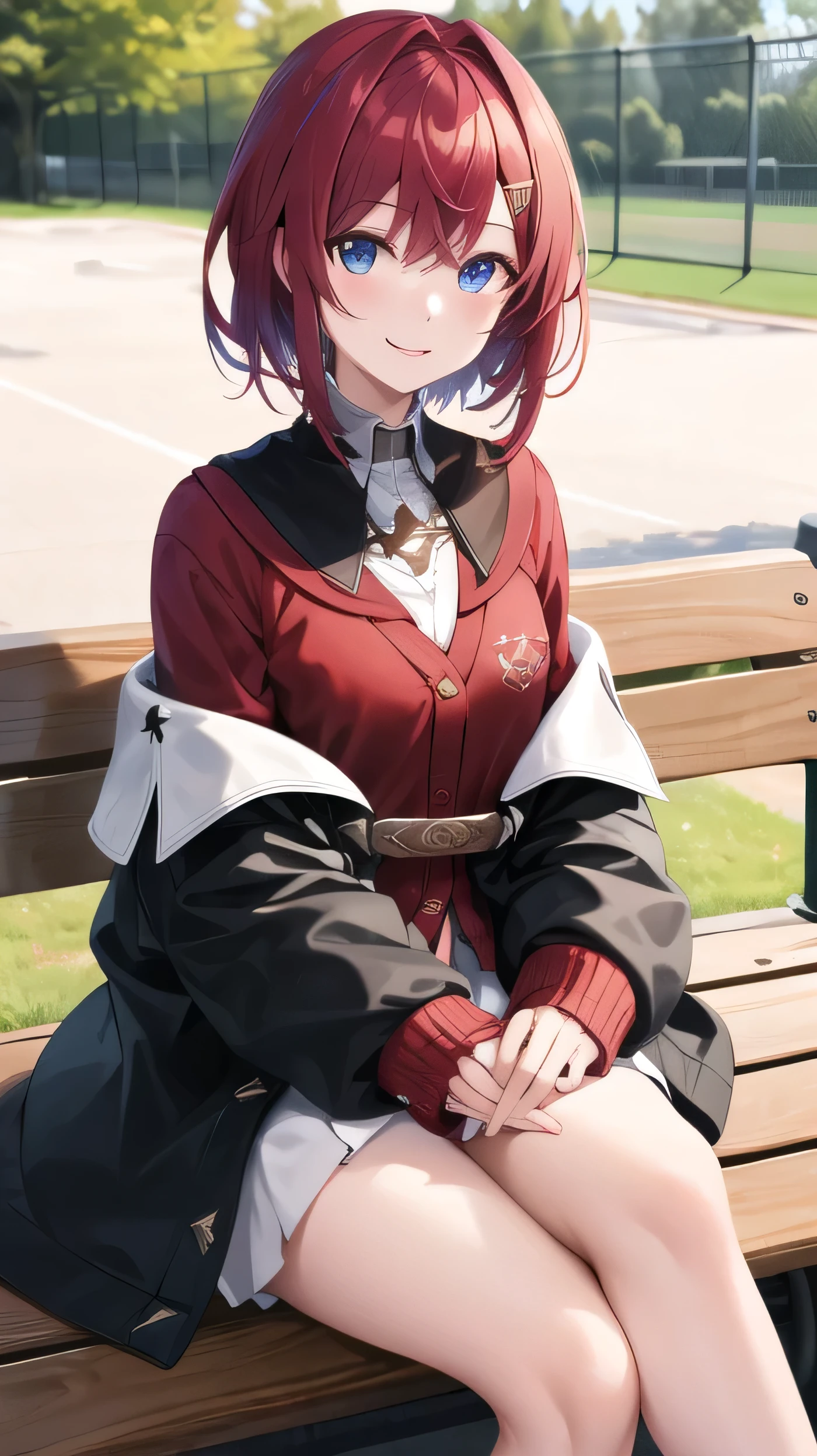 masterpiece, Best Quality, High resolution, , short hair, Hair Clip, Red cardigan, Black coat, Off the shoulder, Sleeves are longer than the wrist, Open Court, White Skirt, Cowboy Shot, Sitting, Crossed legs, bench, smile, Outdoor