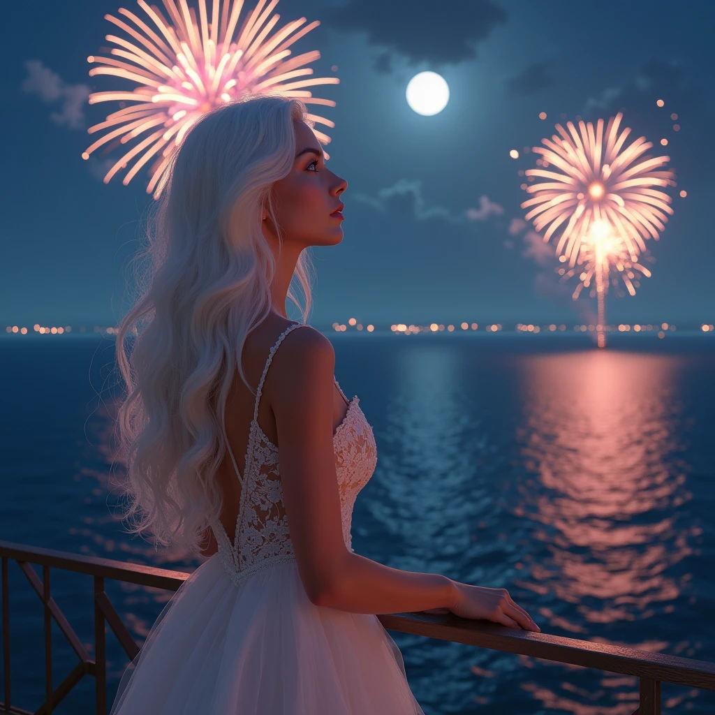 Beautiful Lights and Fireworks, night sky, There is a beautiful and sexy girl standing on the balcony, The wind blows her beautiful white hair, looks at the fireworks, thoughtfully, Fireworks are sparkling in the sky, Beautiful Sea View, Gorgeous Night Dress, Lace and Fluffy Dress, Very Beautiful Hair Lush Curl, decorations, masterpiece, 8 k, Maximum Quality, complex details, Game of Shadows, Movie As if Alive,