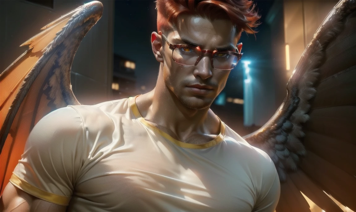 [((highly detailed, detailed eyes, detailed face, clear and realistic facial features, photorealistic, realistic light, cinematic, facing the viewer, close up)), (1 man), (((((Gorgeous sexy powerful masculine male angel))))), (((two transparent wings, both wings showing behind his back))), ((((short sexy red hair)))), ((((pale yellow eyes)))), ((30 years old)), ((wearing simple t-shirt)), (((wearing classy glasses))), (((aura of divine power))), (((((background is a darkened apartment at nighttime))))), ((light blush)), (((((wearing an intense and serious expression)))))]
