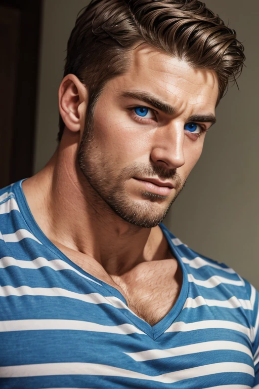 a very handsome man, perfect eyes, Muscular, wearing a striped t-shirt, portrait close up, seen up close, big biceps, big pecs, best quality, detail, HD model, high quality, Ultra HD, Super Detail, high resolution, blue eyes, Closed mouth