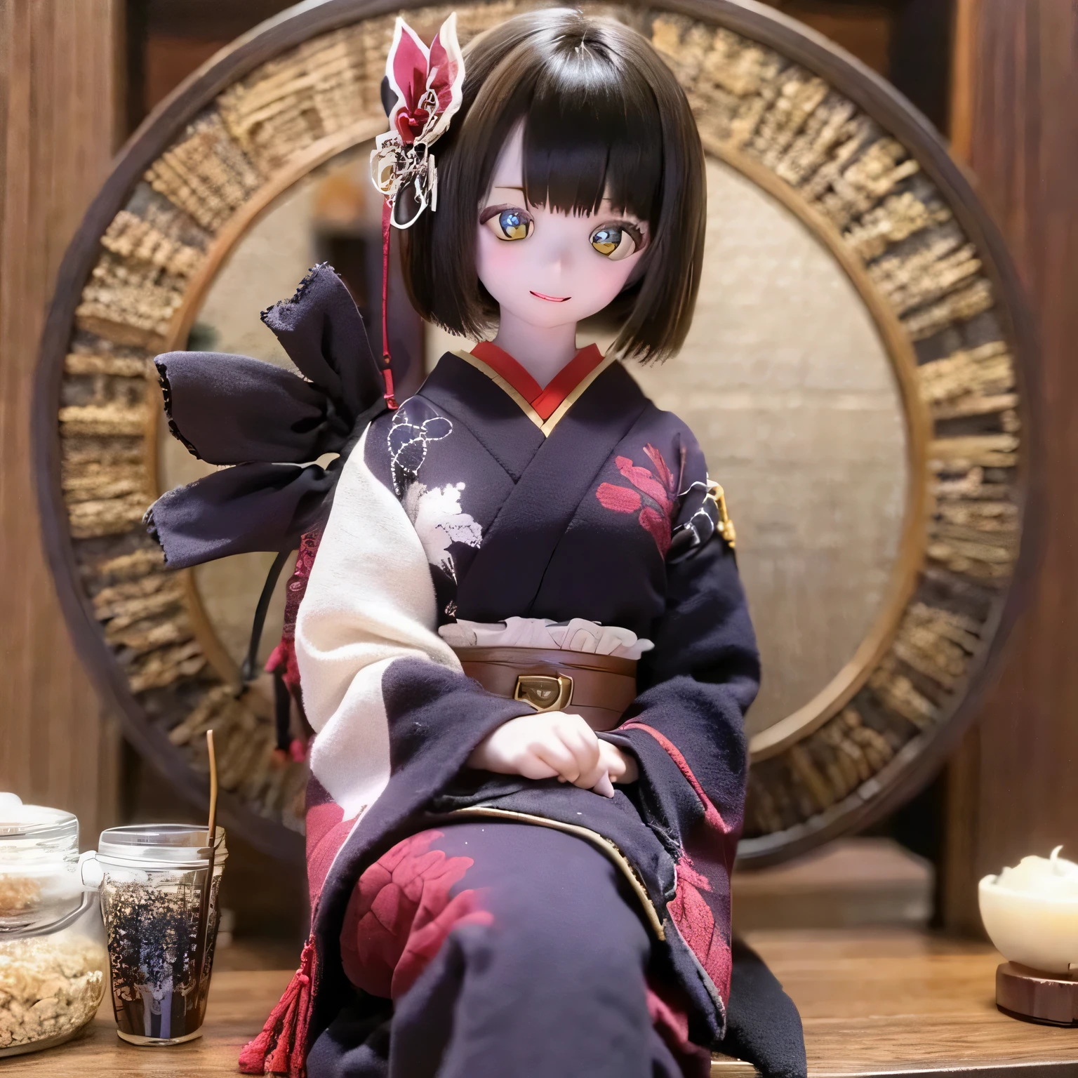 (Best Quality,High resolution,masterpiece:1.2),Very detailed,Realistic,(Me in a kimono,Beautiful details,Beautiful lips details,Very detailed目と顔,Long eyelashes),Japanese Tradition,geisha,hairpin,Delicate embroidery,Floral,Sleeves flow,Harmonious colors,Soft lighting、Smiling face with a fan、Bobcut、Black Hair、(((High wooden clogs)))