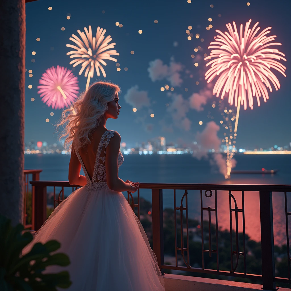 Beautiful Lights and Fireworks, night sky, There is a beautiful and sexy girl standing on the balcony, The wind blows her beautiful white hair, looks at the fireworks, thoughtfully, Fireworks are sparkling in the sky, Beautiful Sea View, Gorgeous Night Dress, Lace and Fluffy Dress, Very Beautiful Hair Lush Curl, decorations, masterpiece, 8 k, Maximum Quality, complex details, Game of Shadows, Movie As if Alive,