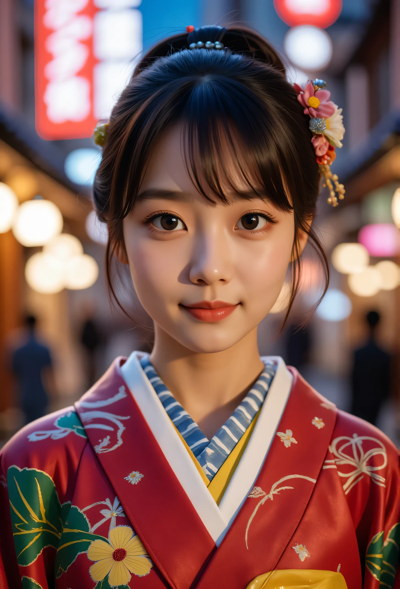 (Very beautiful  cute girl), (very  cute face:1.2),12 yo, (sparking crystal clear attractive large eyes), beautiful detailed eyes, Detailed double eyelids, (smiling), (realistic photograph:1.2),gorgeous flamboyantly colored apprentice geisha costume, furisode  costume,very beautiful japanese kimono, Costume lighting,in the street