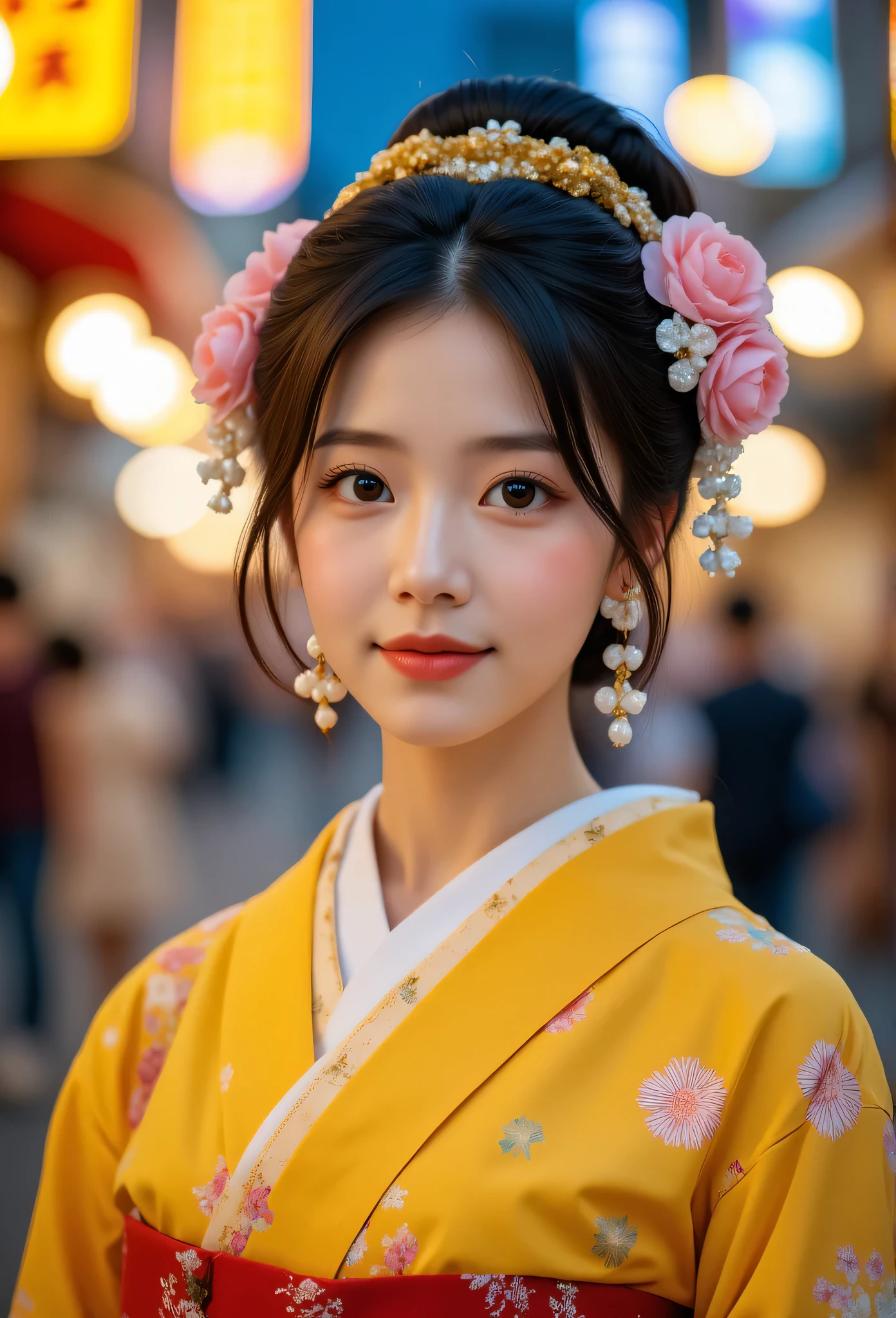 (Very beautiful  cute girl), (very  cute face:1.2),12 yo, (sparking crystal clear attractive large eyes), beautiful detailed eyes, Detailed double eyelids, (smiling), (realistic photograph:1.2),gorgeous yellow-colored apprentice geisha costume, furisode  costume,very beautiful japanese kimono, Costume lighting,in the street