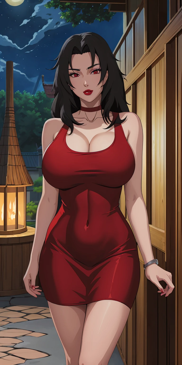 masterpiece, best quality, extremely detail 8k cg, high resolution, 1girl, mature female, RedTankTop_KurenaiYuhi_ownwaifu, 1girl, black hair, long hair, lipstick, makeup, red eyes, red lips, large breasts, lips, cleavage, red dress, short dress, collarbone, tank top, bare shoulders, choker, collarbone, titsonastick, beautiful face, night time, konohavillage, outdoors