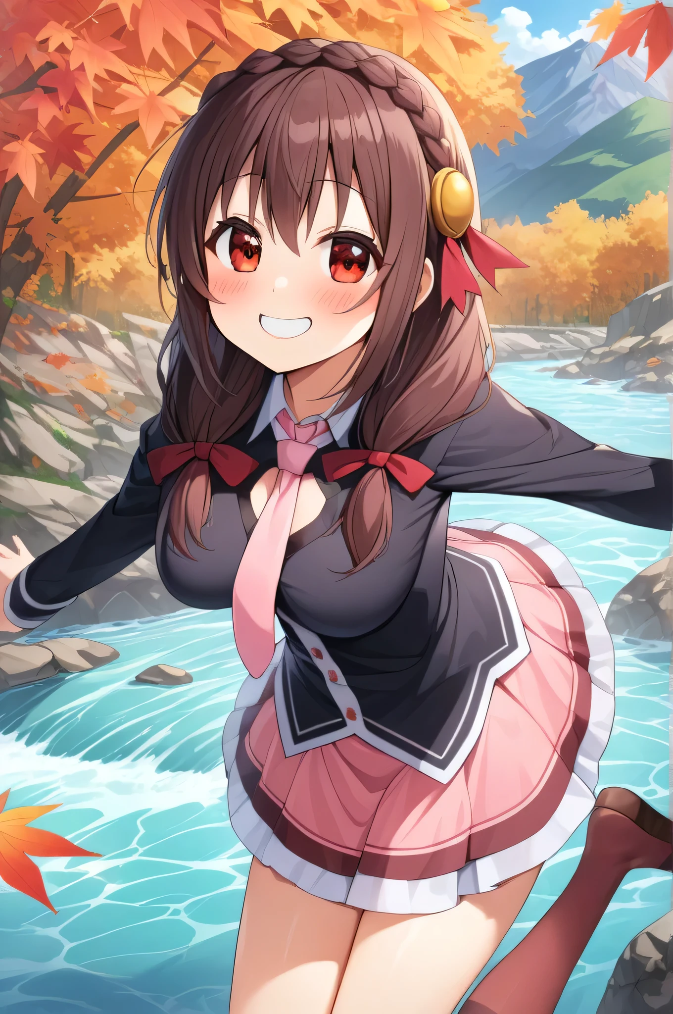 masterpiece,Best Quality, High resolution,One person, Yunyun、My name is Yunyun, Crown braids in the same color as your hair, Red eyes、Hair Accessories, Hair Ribbon, Pink tie, Black long sleeve, Pink Skirt, Knee socks, belt, (Chest cut-out),(Clevis)、The chest is large、(A big smile:1.8)、(blush:1.6)、(The background is a mountain stream)、riverside、Clear Stream、The season is autumn、(Jumping)、Leaning forward