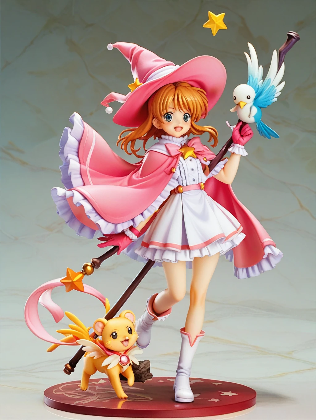 Cardcaptor Sakura,Pink Cape,Witch clothes,Carrying a walking stick,A staff decorated with a star on the top and feathers,White short boots,Ruffled gloves