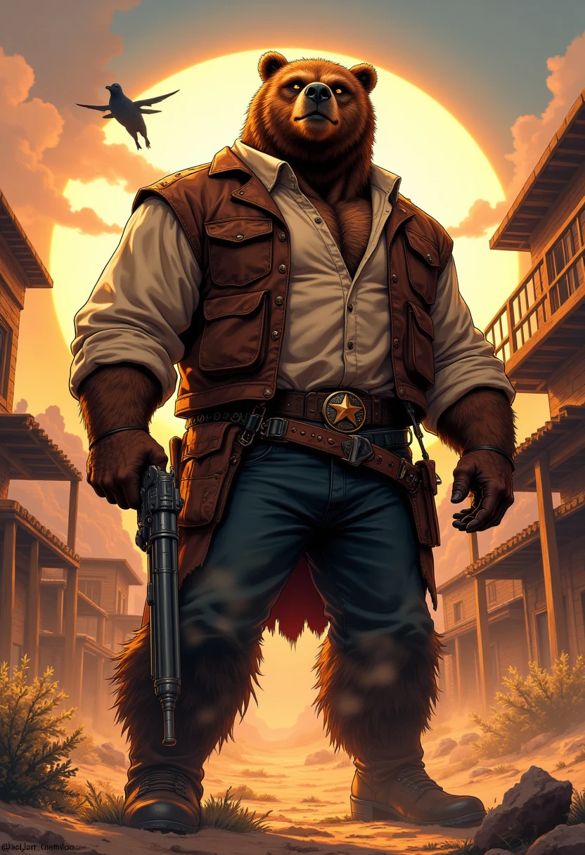 sheriff's, a musclegut middle-aged western bear man, full body in Michelangelo Buonarroti style, digital illustration anime, digital illustration anime, character focus, full body, looking away, dynamic angle, BREAK sheriff's hat, pistol, revolver holster, costume, pants, boots, rushing wind, gun duel, dynamic pose, detailed painting landscape, evening sun, western village, a tumbleweed rolling across a desert landscape, outdoor, BREAK complete anatomy, perfect proportions, beautiful thigh gap, fluffy body, intricate fur details, beautiful fur texture, BREAK detailed bear 1tail, detailed boots, beautiful foot, detailed hands, 5fingers, 5fingers nails, BREAK aesthetic anime face, insanity detailed face, male face, big face, square jawline, aesthetic anime eyes, detailed brown eyes, detailed brown cornea, detailed dark brown irises, detailed pupils, male eyes, big eyes, male eyebrows, innocent look, beautiful beard, BREAK masterpiece, official art, best quality, very aesthetic, absurdres, super fine illustration, great quality, BREAK noise reduction, very highres, large filesize, high quality, 32K, 8k wallpaper, dynamic lighting, BREAK insanity detailed, ultra detailed, intricate details, extremely detailed, detailed texture, an extremely delicate and beautiful, full color, HDR, BREAK e621 illustration, Fur Affinity illustration, osukemo, kemohomo, anthropomorphic, furry, cartoon, harmonious eyes, pastoral face, virtuous body, western atmosphere 