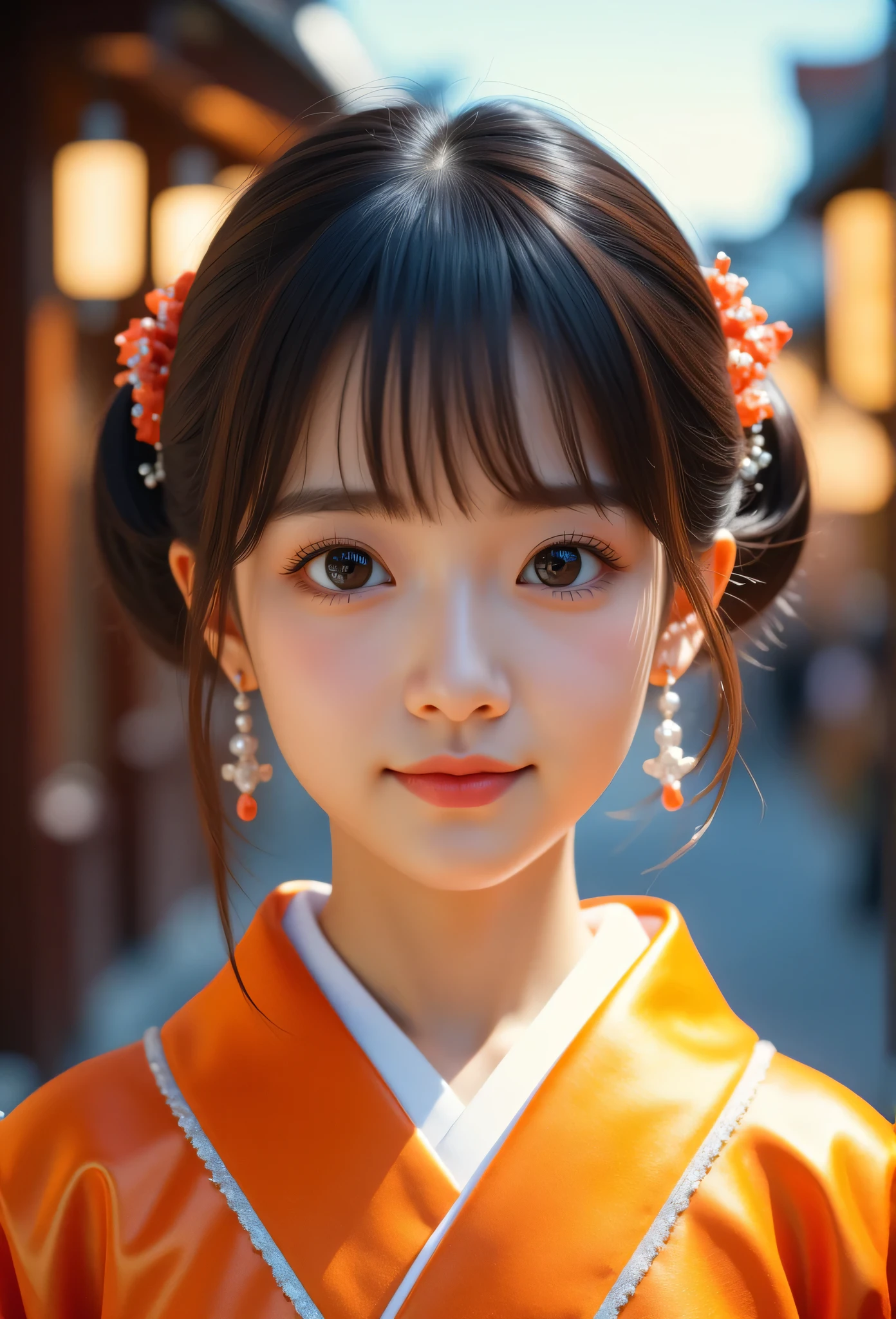 (Very beautiful  cute girl), (very  cute face:1.2),12 yo, (sparking crystal clear attractive large eyes), beautiful detailed eyes, Detailed double eyelids, (smiling), (realistic photograph:1.2),gorgeous shiny orange-colored apprentice geisha costume, furisode  costume,very beautiful japanese kimono, Costume lighting,in the street