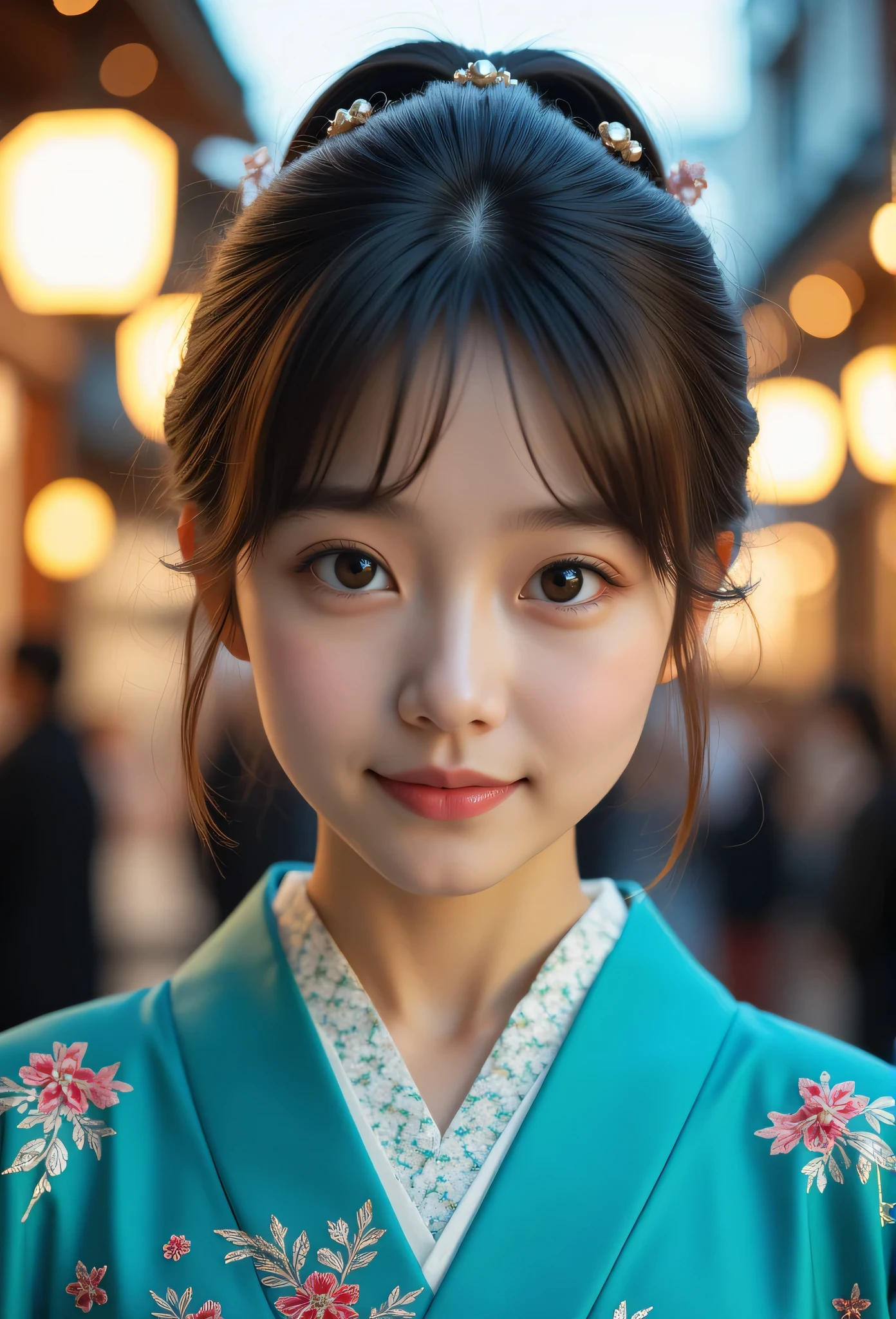 (Very beautiful  cute girl), (very  cute face:1.2),12 yo, (sparking crystal clear attractive large eyes), beautiful detailed eyes, Detailed double eyelids, (smiling), (realistic photograph:1.2),gorgeous shiny turquoise -colored apprentice geisha costume, furisode  costume,very beautiful japanese kimono, Costume lighting,in the street