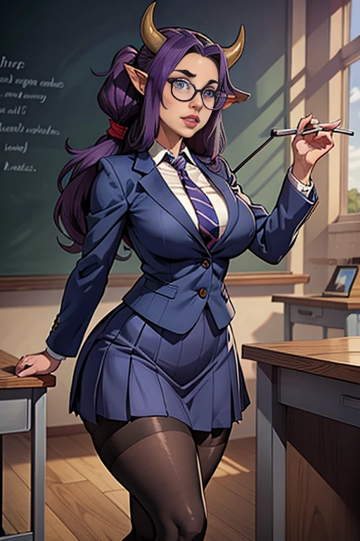 A cow-like anthropomorphic professor with long purple hair tied up, bovine horns and ears, blue eyes wearing large round glasses, thin lips, a round face, dressed in a dark blue blazer with striped tie, a long skirt reaching the knees, dark pantyhose, and red high heels, with a bovine tail, large breasts, wide hips, and thick thighs, standing in a classroom setting with a desk and chalkboard in the background.