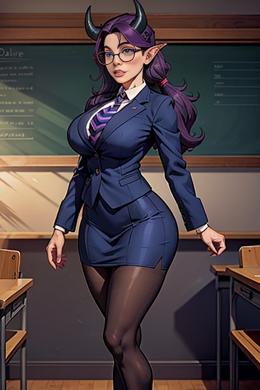 A cow-like anthropomorphic professor with long purple hair tied up, bovine horns and ears, blue eyes wearing large round glasses, thin lips, a round face, dressed in a dark blue blazer with striped tie, a long skirt reaching the knees, dark pantyhose, and red high heels, with a bovine tail, large breasts, wide hips, and thick thighs, standing in a classroom setting with a desk and chalkboard in the background.