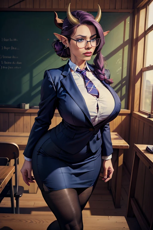 sexy student, Aletta Ocean, sexy standing pose,(short purple skirt):1, (perfect face), detailed face, (symmetrical eyes), perfect nose, (gigantic fake breasts:1.5,cleavage:1) (redhead hair combed to side), analog style, classroom, smooth skin, perfect skin, anatomically correct body