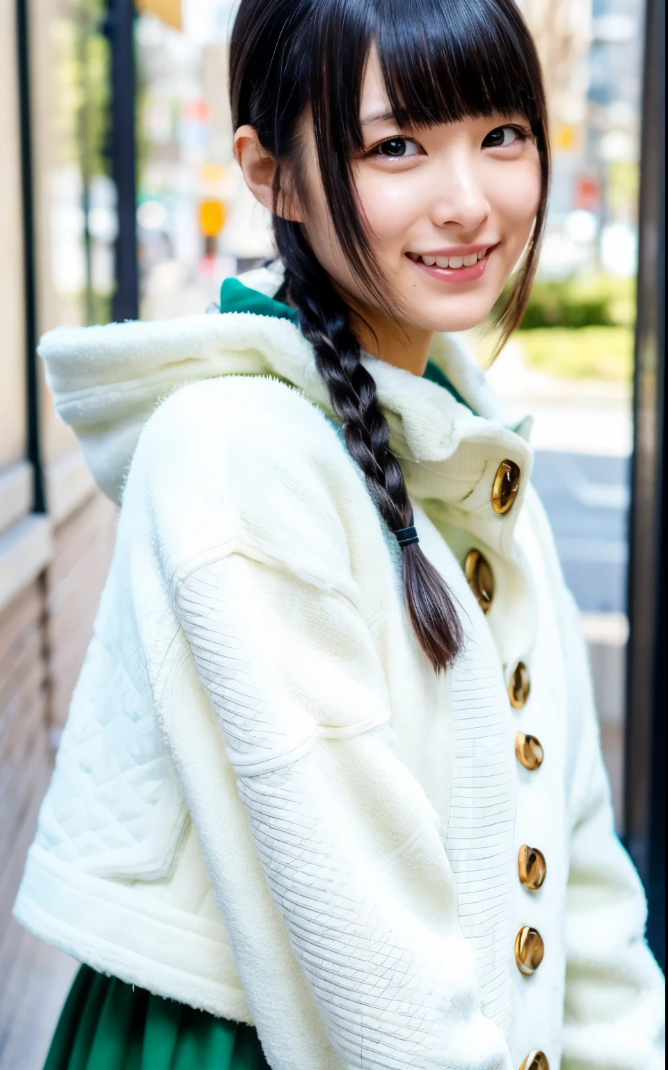 standing, small face, raw photo, white skin, full body, ((top quality, 8k, muste piece: 1.3)), beauty, one japanese girl, whole body, perfect anatomy, outstanding light and shadow, Highly detailed living room,clear and bright sunlight,1 girl,lightly dressed、gaze looking beyond,black side,strong sunlight,delicate and messy hair,realistic skin texture, Are standing, black hair, Blunt Bangs, Lower ponytail, 20 years old, face focus, detailed face, highly detailed lips, fine eyes, sweaty skin: 1.2, in city,winter clothes, white sweater, green long skirt, (long maxi-skirt, (black quilted jacket,))