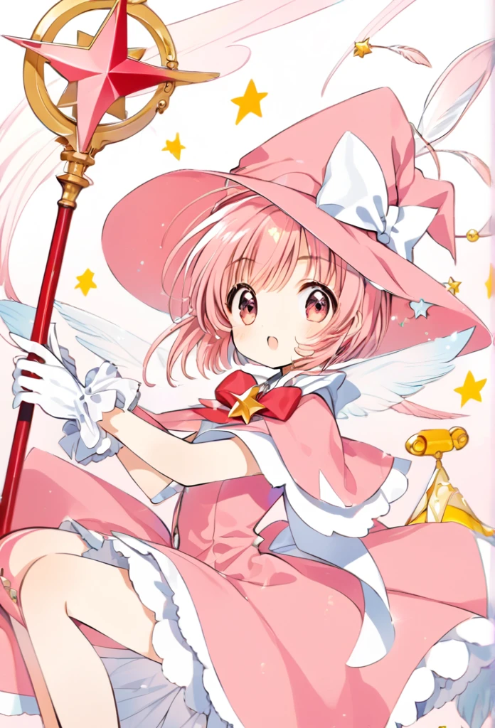 Cardcaptor Sakura,Pink Cape,Witch clothes,A staff decorated with a star on the top and feathers,White folded short boots,Ruffled gloves