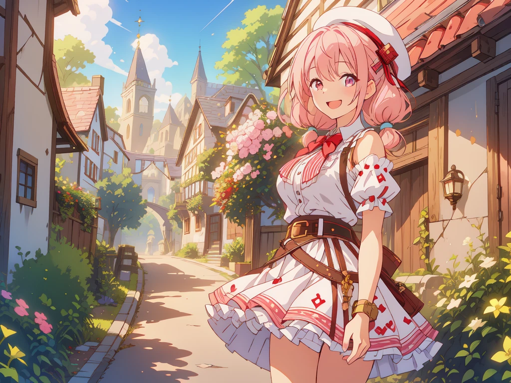 ((8k, Highest quality, masterpiece: 1.3)),Ultra-high resolution,(1 girl, alone), Highly detailed eyes, Highly detailed face, The scene depicts a cheerful anime-style girl standing in a lively, fantasy town square. She has light pink hair styled into twintails, which curl slightly at the ends, giving her a playful and energetic look. She wears a red beret with fluffy white pompoms, matching the festive and cute elements of her outfit. Her attire is predominantly pink, with accents of white and black, decorated with heart motifs and gold armor elements, such as her shoulder guard and belt buckle. A heart-shaped cutout on her top adds a charming detail, emphasizing her vibrant personality.
The girl is winking playfully, conveying a sense of joy and friendliness. In the background, whimsical medieval-inspired buildings with curved rooftops and timber framing line the streets, while a majestic blue-topped castle rises above the townscape, suggesting a fantasy kingdom setting. The bright, sunny sky and the abundance of greenery around the town add to the warm and welcoming atmosphere. The overall composition gives a sense of lighthearted adventure, with the character appearing as both approachable and ready for exciting experiences in a magical world.