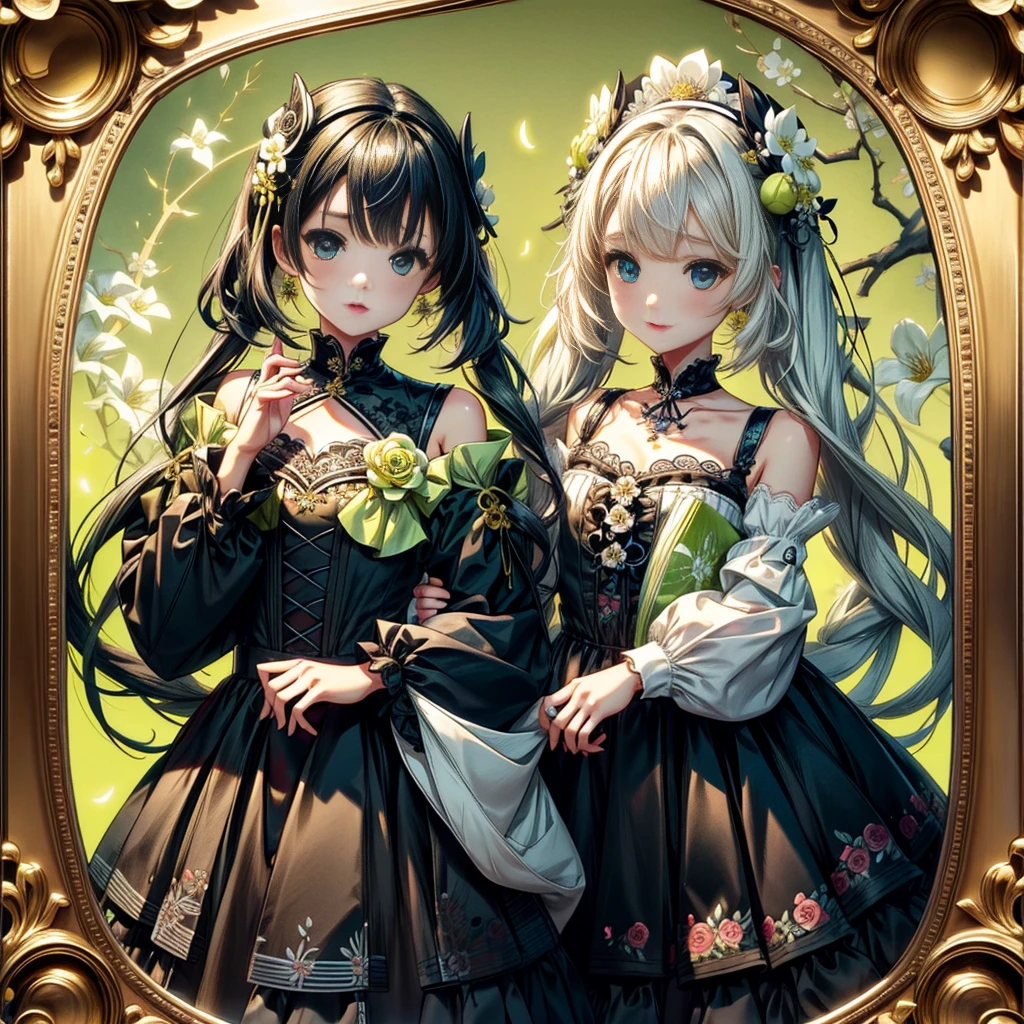 (master piece:1.4),(hyper quality:1.2),(Hyper Detailed:1.4),(Perfect drawing),NFSW,。.。.3D,16 K,((clearface)),(Hi-Res),(Gothic lolita:1.4), (Open Short Cape:1.2), ((bow ribbon, frilld):1.3), (Green tartan plaid:1.3), ((White collar, tie):1.3), (Short sleeve:1.2), ((frills skirt, Multi-layer skirt):1.3), (fishnet tights:1.2), (hand armor:1.2), (Xhair Ornament,
Hairpin),
Two women standing (Next to each other:1.3) , Multiple girls,2girls,Looking at Viewer, Looking back, (Back-to-back:1.4),nice background,((beatiful backgrounds)),(((Detailed drawing))),Perfect Beautiful Girl,Perfect Photo