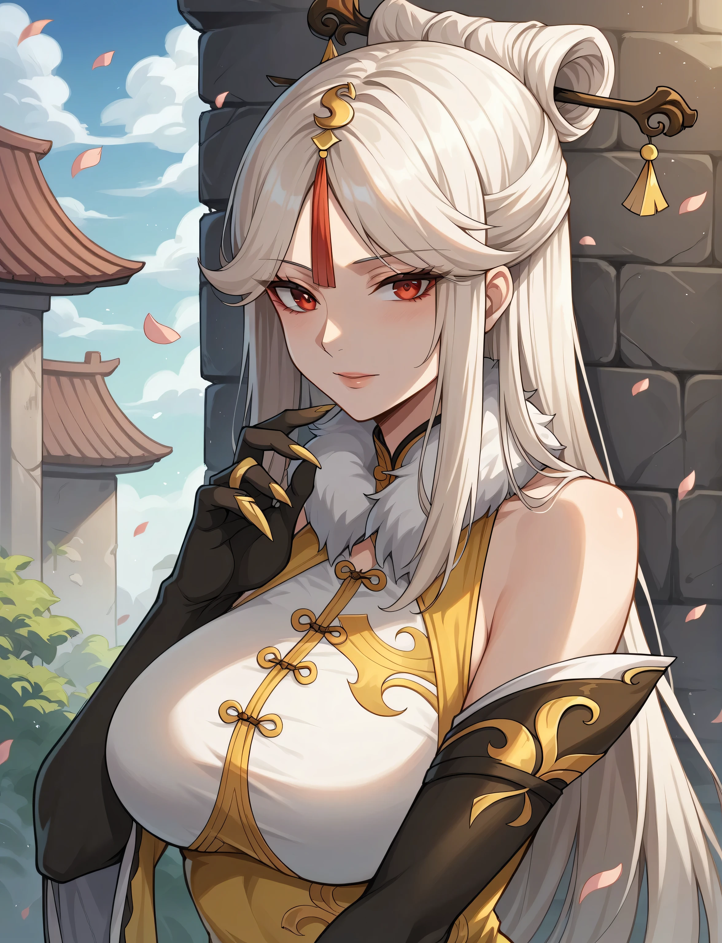 masterpiece, best quality, 1woman, 1girl, solo, 8k uhd, ningguang, white long hair, bangs, sidelocks, red eyes, ((mature female, sexy body, large breasts)), chinese clothes, white top, yellow halter dress, petals ornament, elbow black gloves, bare shoulders, fur collar, claw ring, hair stick, natural shading, lighting, showcase, outdoors, ruins, simple backround,