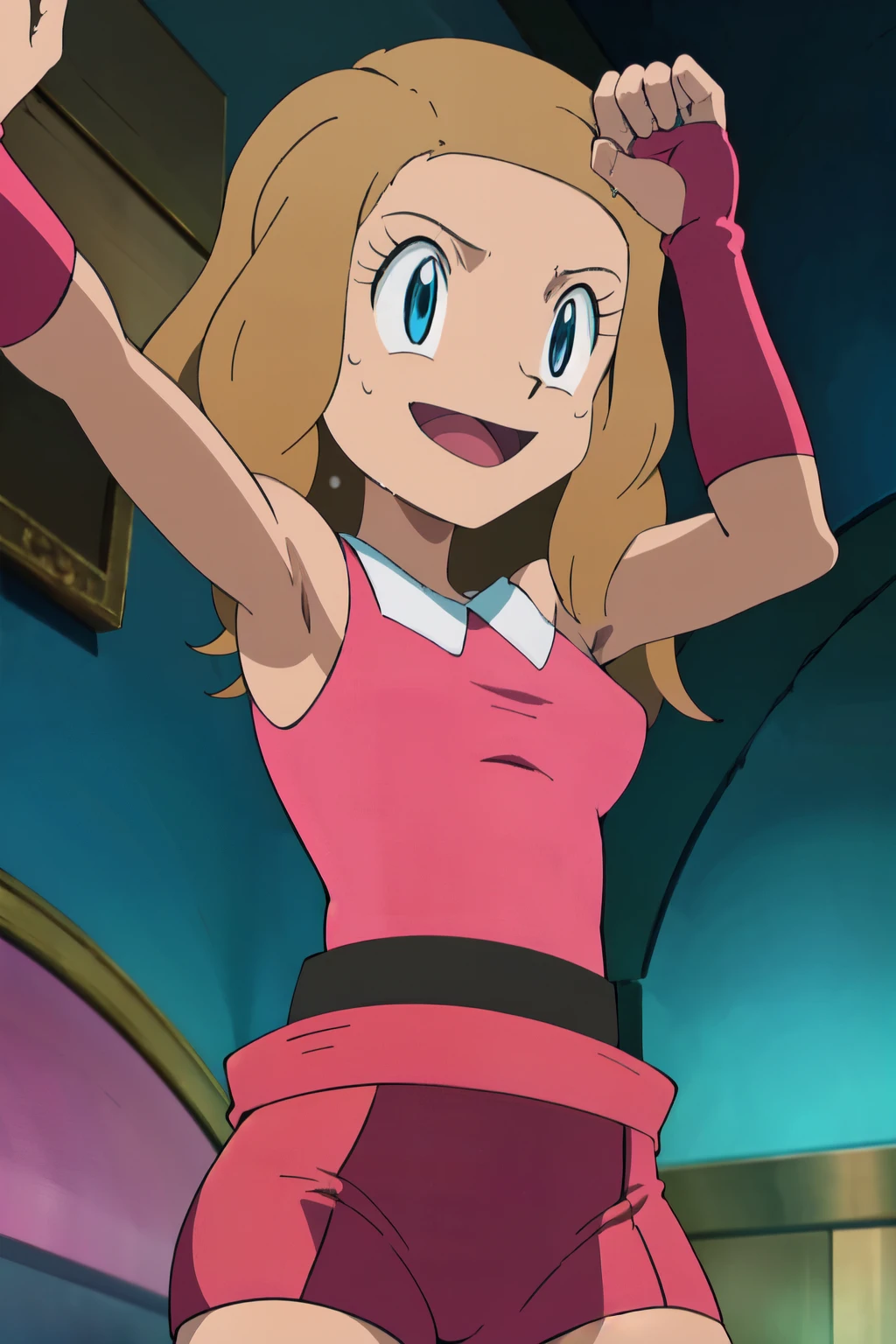 Serena, sleeveless top,sweating,smiling,in bed,moderately sized breasts, high quality, masterpiece mature appearance,armpits,sweat,sweaty,sweaty armpits,arms up,showing armpits,awesome armpits,outfit,blackish red arm warmers,maroon arm bands, maroon arm warmers,both arms raised,frontview