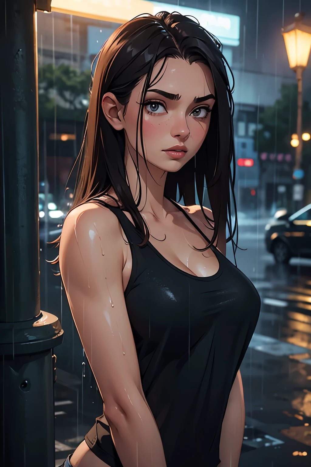 It's dark night, (Cara Delevingne), A woman stands leaning against a wall in the dark, It's night and it's raining heavily. The lonely street lamp provides little light. The woman is dressed only in a white top and a short white skirt, The clothes are completely soaked, Under the skirt the small round buttocks are visible, Under the top the small round breasts stand out, The wet hair sticks to her face, (small head), (Masterpiece:1.2) (photorealistic:1.2) (best quality) (intricate details) (8K) (High Poly) (ray tracing), (Sharp focus), (natural skin textures)