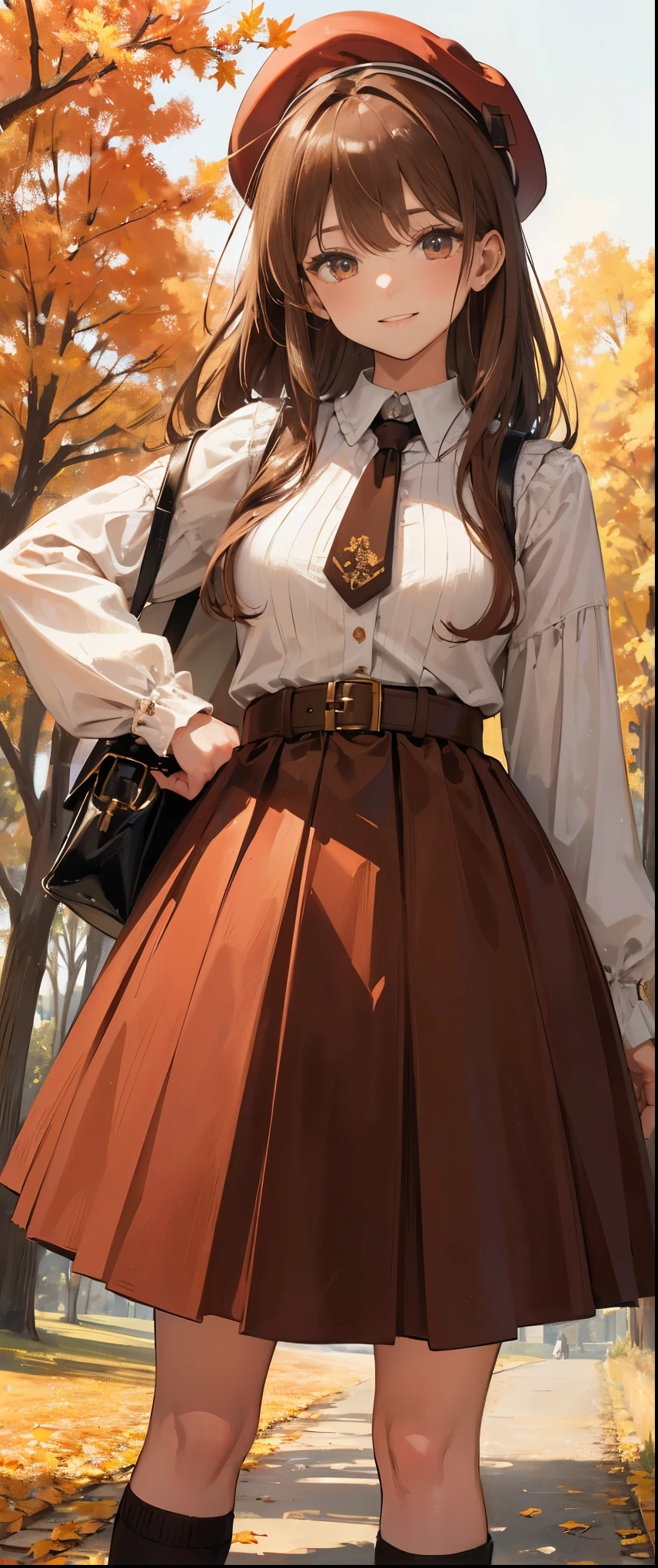 My Grandmother、Shiny golden hair, Long Hair, (Beautiful brown eyes、Shining Eyes, fine grain)、smile、Very detailed eyes、Highly detailed face, Highly detailed eyes,Cowboy Shot、 A woman is standing, Mature Woman, /(Rib knit) /(Red checked skirt/) beret, /(Brown Hair/) bangs, A blushing, gentle smile, (Top quality masterpiece:1.2) Elegant illustration, Super detailed, Put your arms down and break /(Outdoors in the park/) Brick Road, Autumn leaves on the tree々, Detailed Background