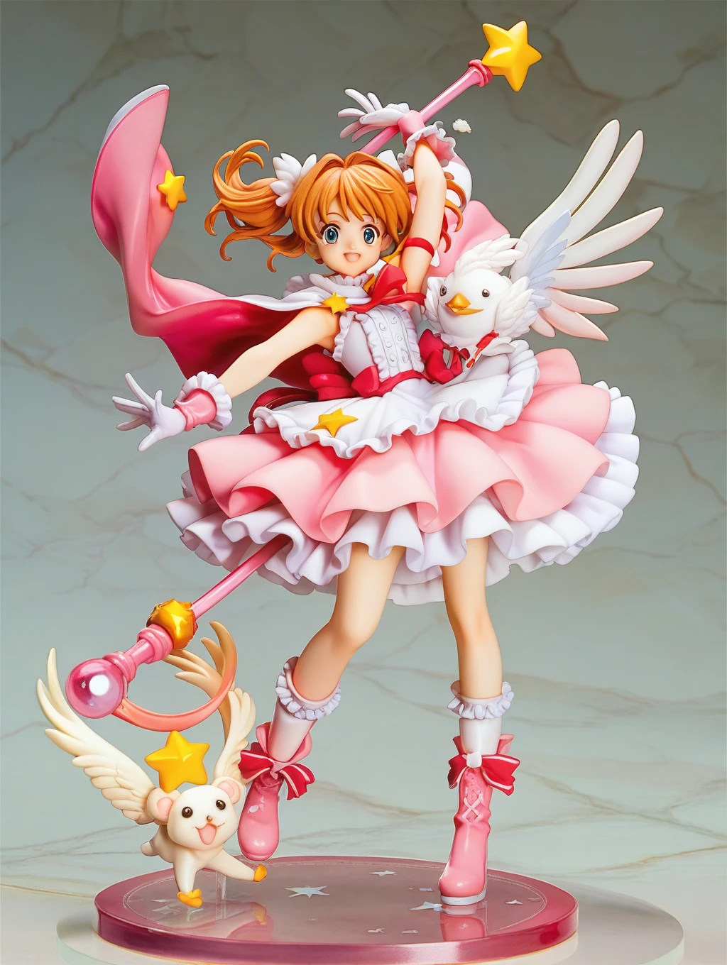 Cardcaptor Sakura,Pink Cape,White ruffled blouse,Pink dress,A staff decorated with a star on the top and feathers,White folded short boots,Ruffled gloves,((White short boots))