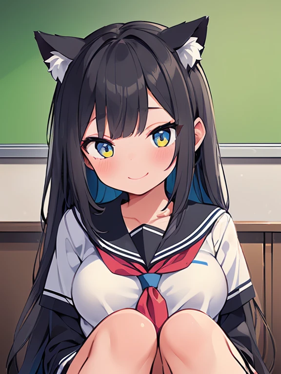 high school girl、Dressed in high 、School classroom、(Big Breasts)、Grinning face、((独奏))、smirk、