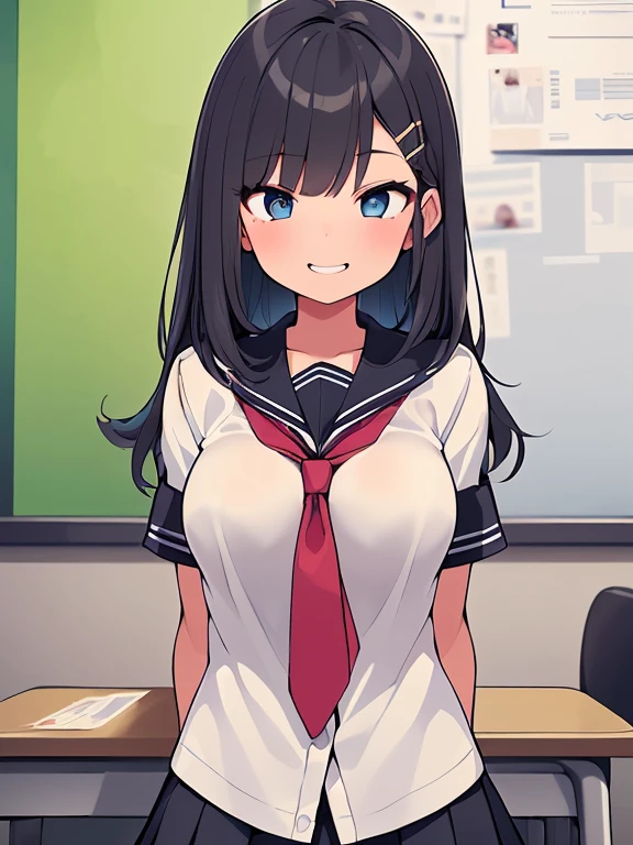 anime style, best quality, high resolution, 1girl, (huge breasts:1.4), yamanobe tomo, purple hair, red eyes, medium hair, school uniform, blue pleated skirt, class room, (blush:1.2), happy, hairband, Beautiful face,(((nipples))),(((Breasts out))),(((upper body shot))),(((show nipples))),((head shot)),(((touch your chest))),(((Voluptuous))),