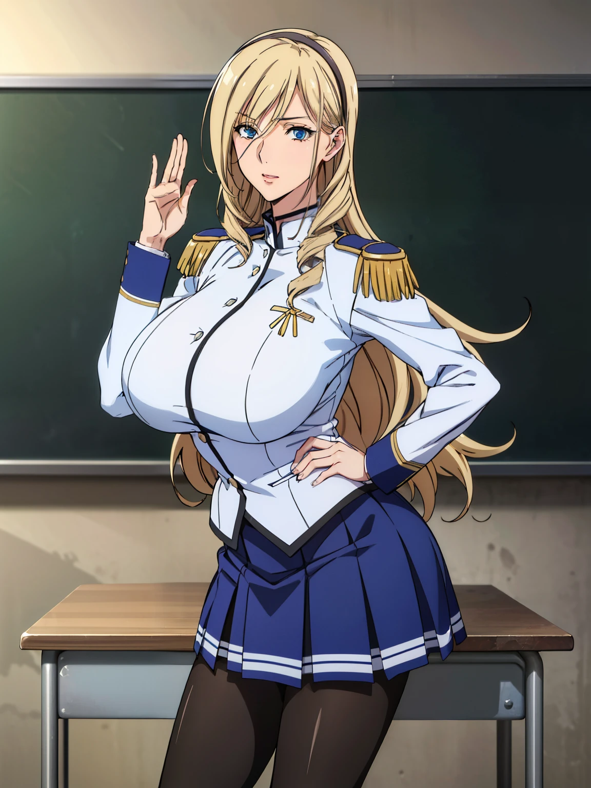 very tempting pose, (white uniform, epaulettes, blue skirt, pantyhose, aiguillette, high heel boots) , classroom background, (aintree), anime cels style, best quality, high resolution, 1girl, (huge breasts:1.2), beautiful face, ahite hair, hairband, long hair, blue eye, cowboy shot