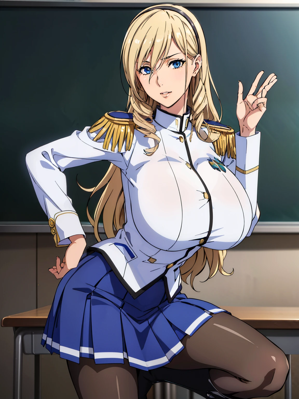 very tempting pose, (white uniform, epaulettes, blue skirt, pantyhose, aiguillette, high heel boots) , classroom background, (aintree), anime cels style, best quality, high resolution, 1girl, (huge breasts:1.2), beautiful face, ahite hair, hairband, long hair, blue eye, cowboy shot