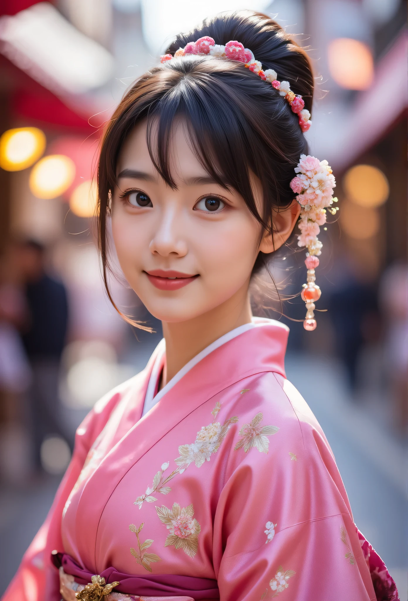 (Very beautiful  cute girl), (very  cute face:1.2),12 yo, (sparking crystal clear attractive large eyes), beautiful detailed eyes, Detailed double eyelids, (smiling), (realistic photograph:1.2),gorgeous shiny pink-colored apprentice geisha costume, furisode  costume,very beautiful japanese kimono, Costume lighting,in the street