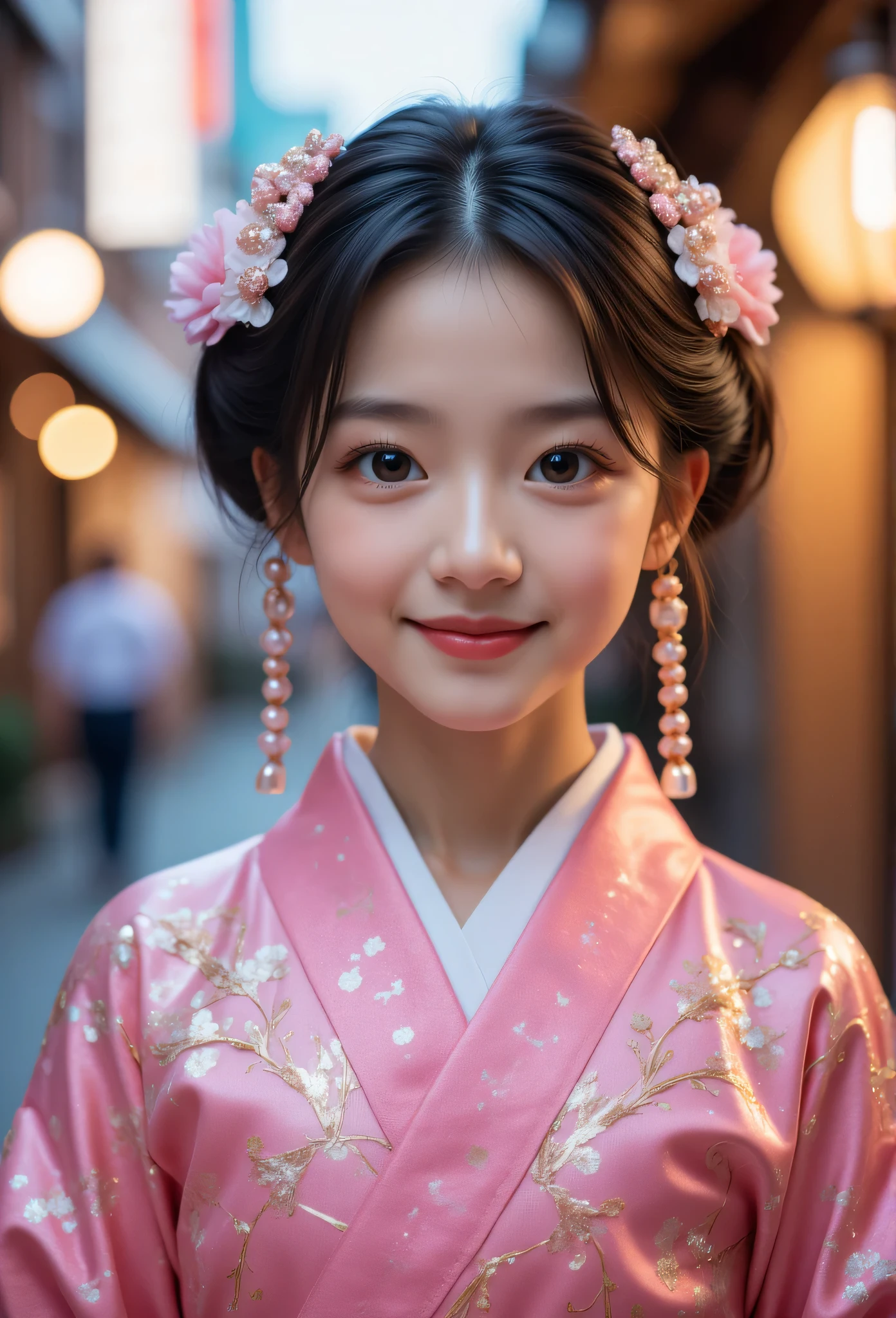 (Very beautiful  cute girl), (very  cute face:1.2),12 yo, (sparking crystal clear attractive large eyes), beautiful detailed eyes, Detailed double eyelids, (smiling), (realistic photograph:1.2),gorgeous shiny pink-colored apprentice geisha costume, furisode  costume,very beautiful japanese kimono, Costume lighting,in the street