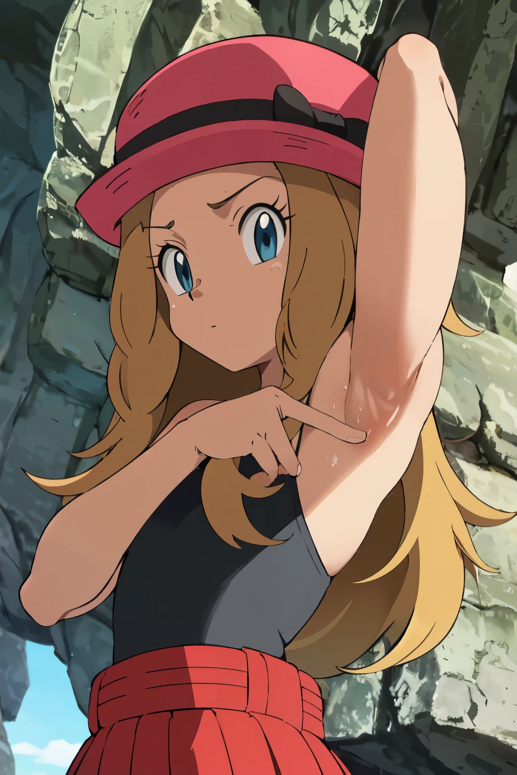 Serena, sleeveless top,sweating,smiling,forest in background, village, blue sky,moderately sized breasts, high quality, masterpiece mature appearance,armpits,sweat,sweaty,sweaty armpits,arms up,showing armpits,awesome armpits,outfit,blackish red arm warmers,maroon arm bands, maroon arm warmers,both arms raised