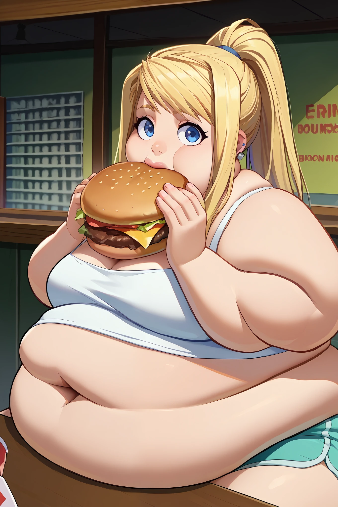 score_9, score_8_up, score_7_up, score_6_up, source_anime BREAK 1girl, solo  winry rockbell, blonde hair, earrings, ponytail, white camisole, frills, dolphin shorts, sitting,  jermaWhopper, eating, burger, looking at you, upper body, fat, chubby, obese, big lips