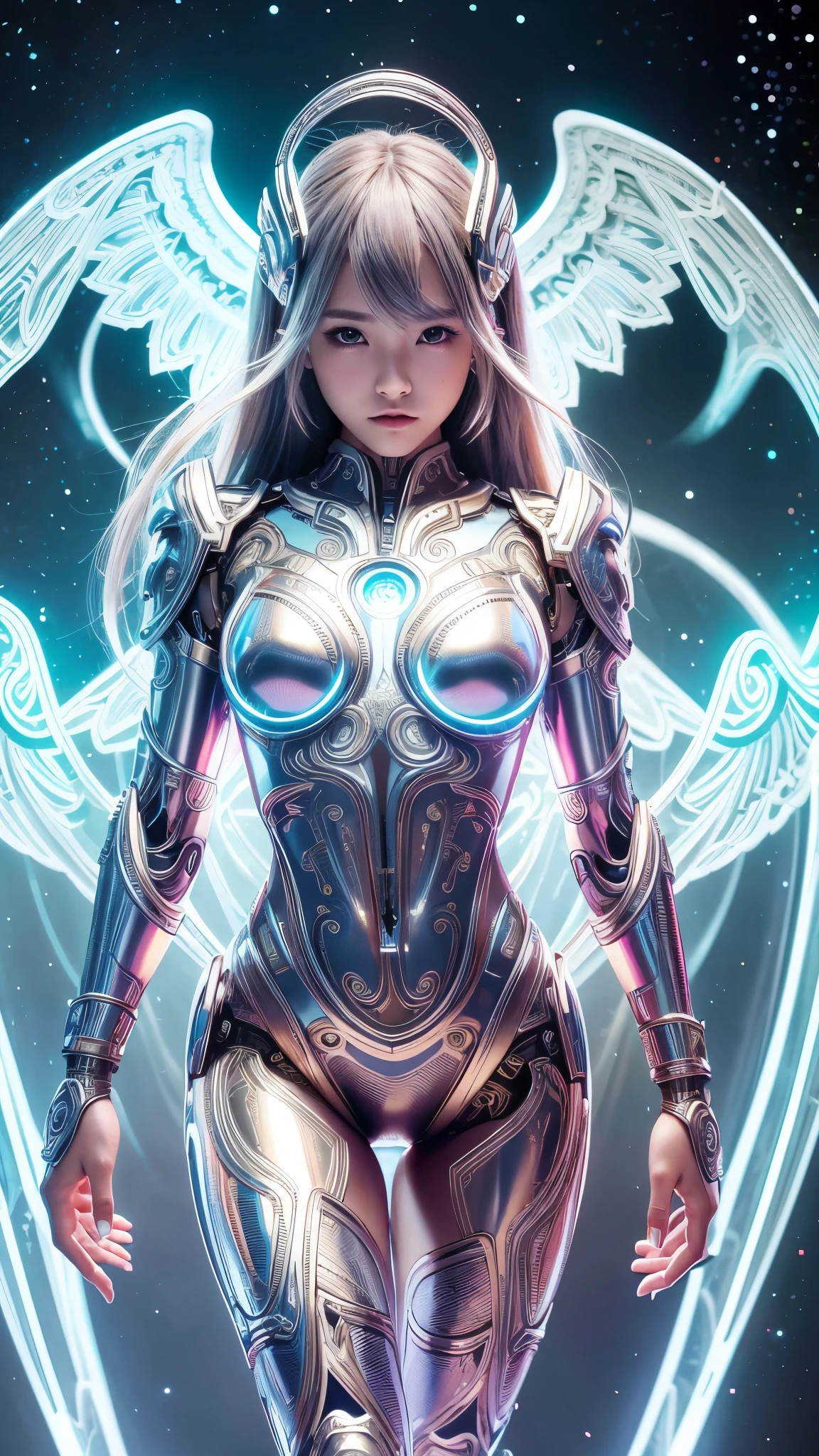 Cyborg, Girl, Beautiful girl, Cute, Sexy, Strong, Slender, Delicate, Smile, ta Costume Outfit, High legs, Metallic, ultra color, paisley, Headgear, mandalas, Near future, Heaven, angel, feater, wing, Helix lamp