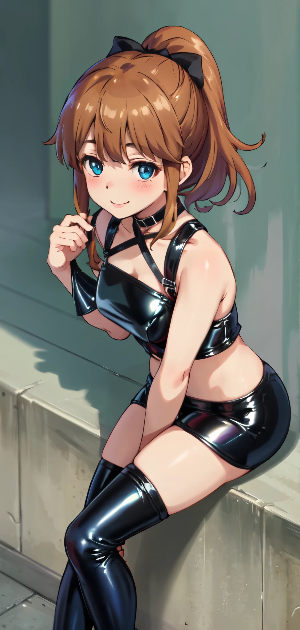 best quality, (masterpiece:1.2), highly detailed, standing, street,
1girl, solo, akatsuki minami,
looking at the viewer, smile, slight blush,
blue eyes, brown hair, ponytail, hair bow, sleeveless, (((latex outfit,  dominatrix, sitting)))