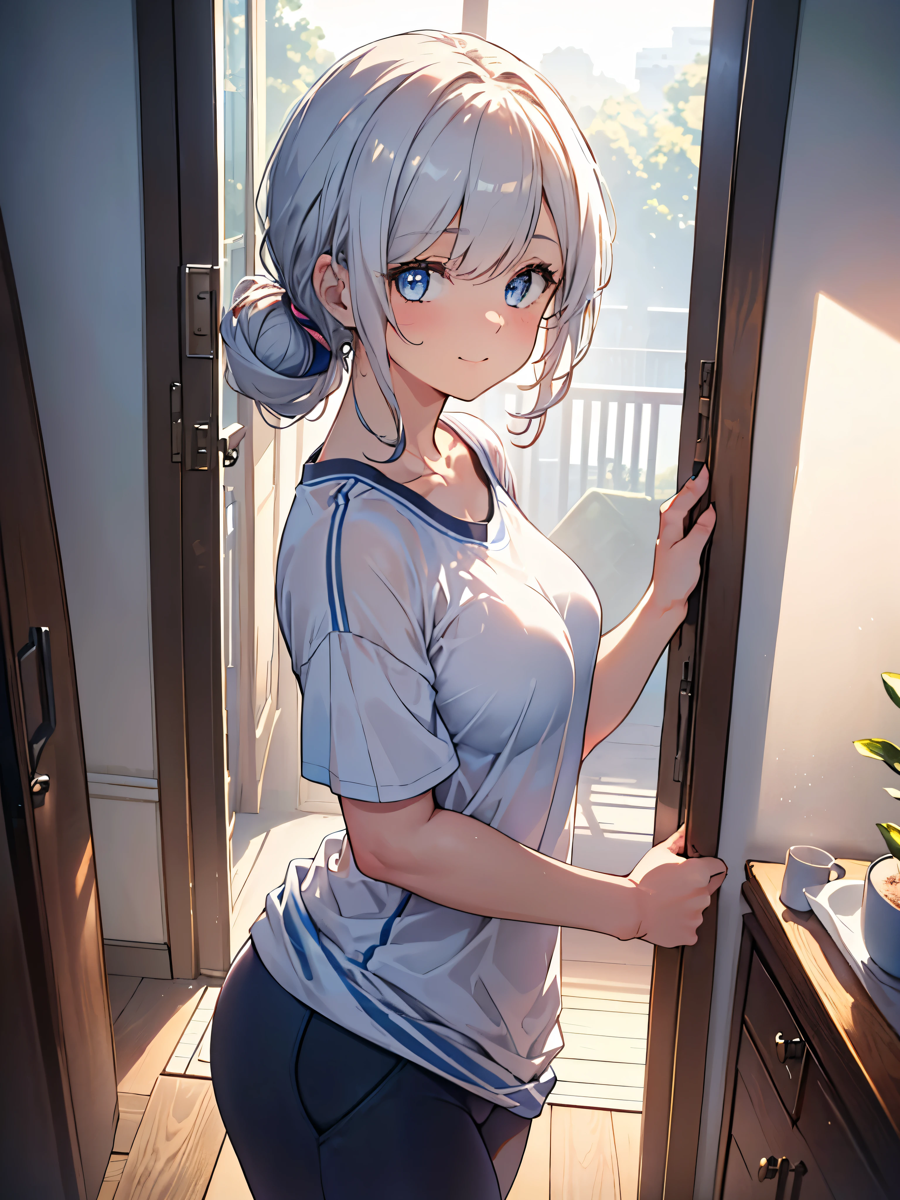 One Girl, Curly Ponytail, smile, blue eyes, Peek into,Wear sportswear, (entrance), ((morning)), masterpiece, 8k, Perfect lighting, The perfect outfit, Perfect Anatomy, Sharp resolution, Shallow depth of field, Soft Shadows, Casual and relaxed atmosphere, Natural light pours in, Hair clip, Beautiful breasts