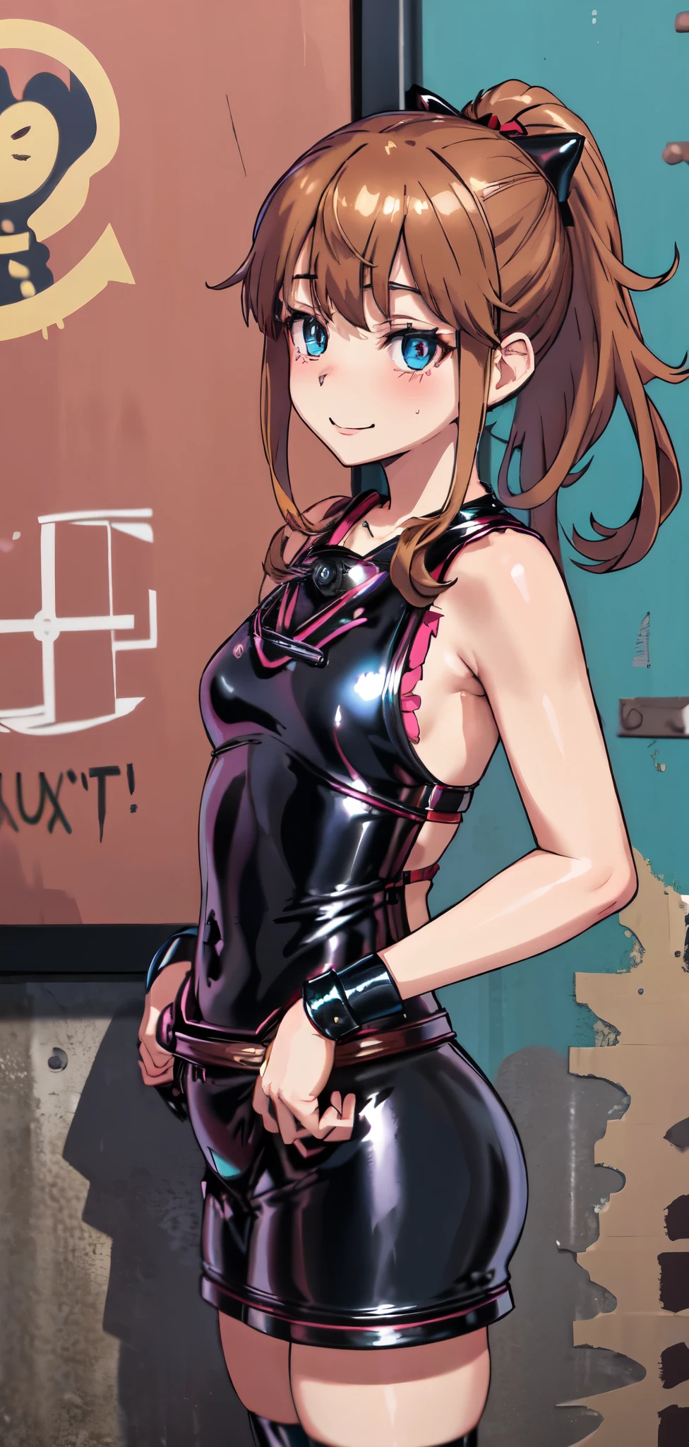 best quality, (masterpiece:1.2), highly detailed, standing, street,
1girl, solo, akatsuki minami,
looking at the viewer, smile, slight blush,
blue eyes, brown hair, ponytail, hair bow, sleeveless, (((mistress, latex, dungeon,  dominatrix, cowboy_shot)))