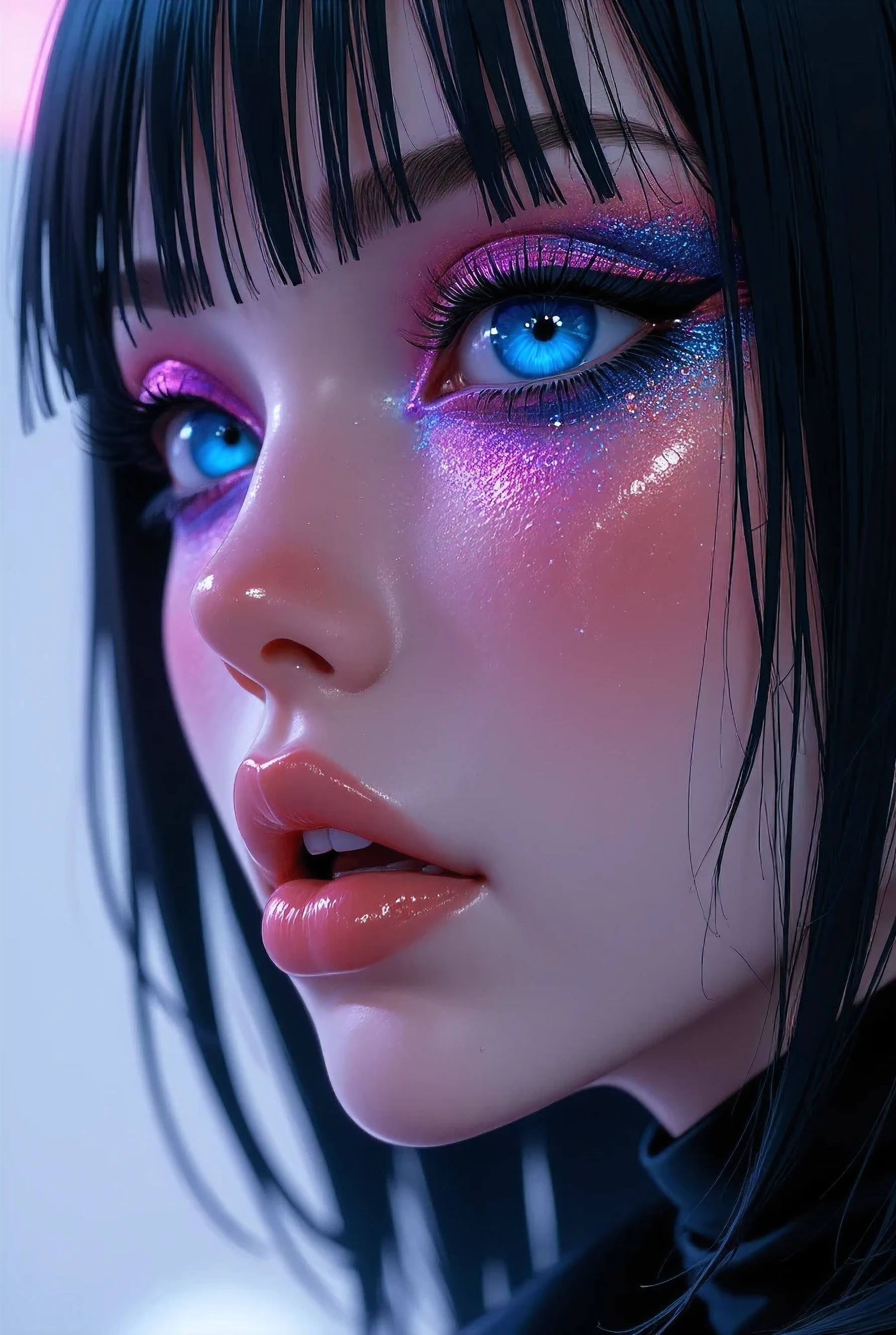 80’s glam rock makeup on shiny android face, anime, 2.5D, Glittery face, moody lighting, (purples, pinks, and blues), iridescent face, abstract ai model, pretty, sexy, minimal, sleek, slender, asian, elegant, chic, futuristic, retro, sophisticated half human half machine, close up face portrait,
