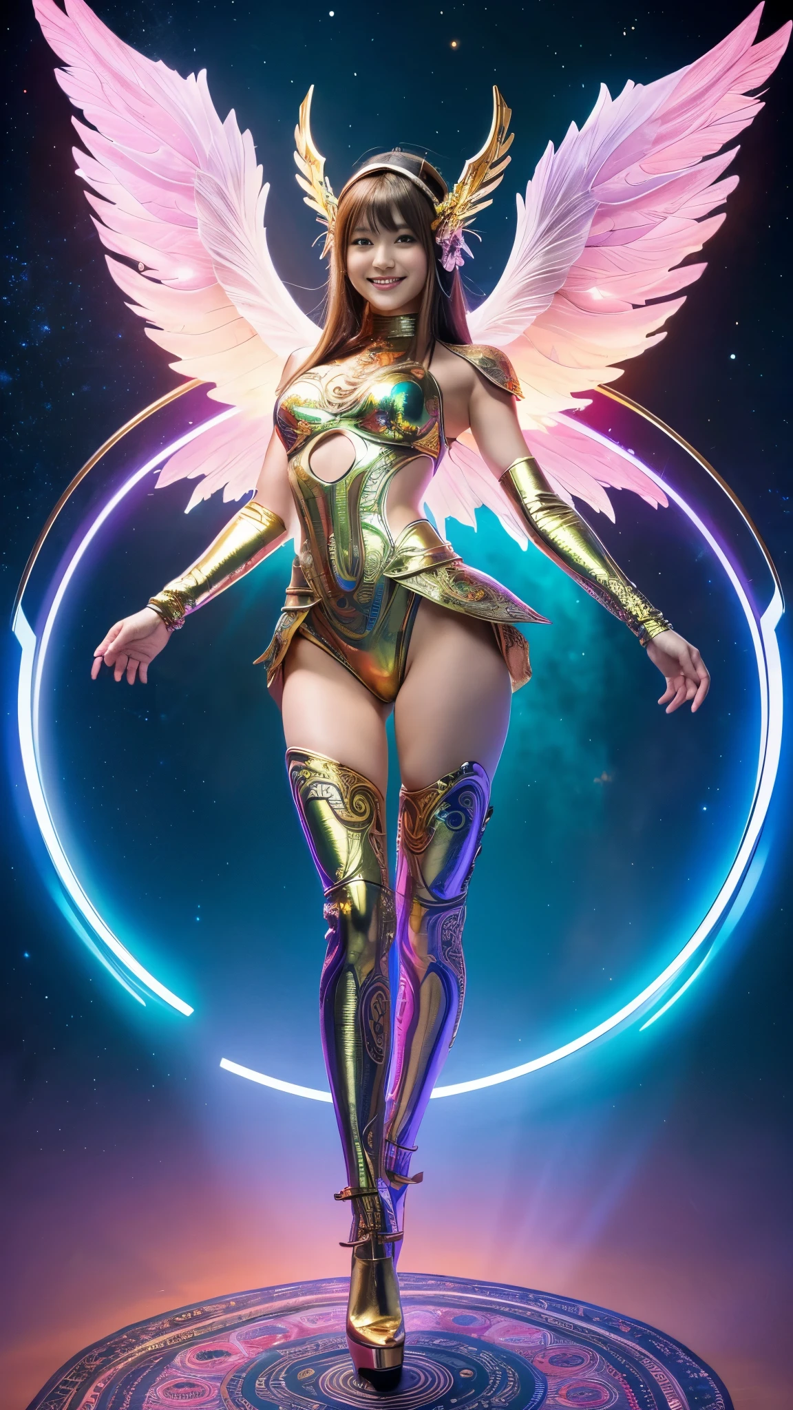 Cyborg, Girl, Beautiful girl, Cute, Sexy, Strong, Slender, Delicate, Smile, (ta costume), High legs, Metallic, ultra color, paisley, Headgear, mandalas, Near future, Heaven, angel, feater, wing, Helix lamp